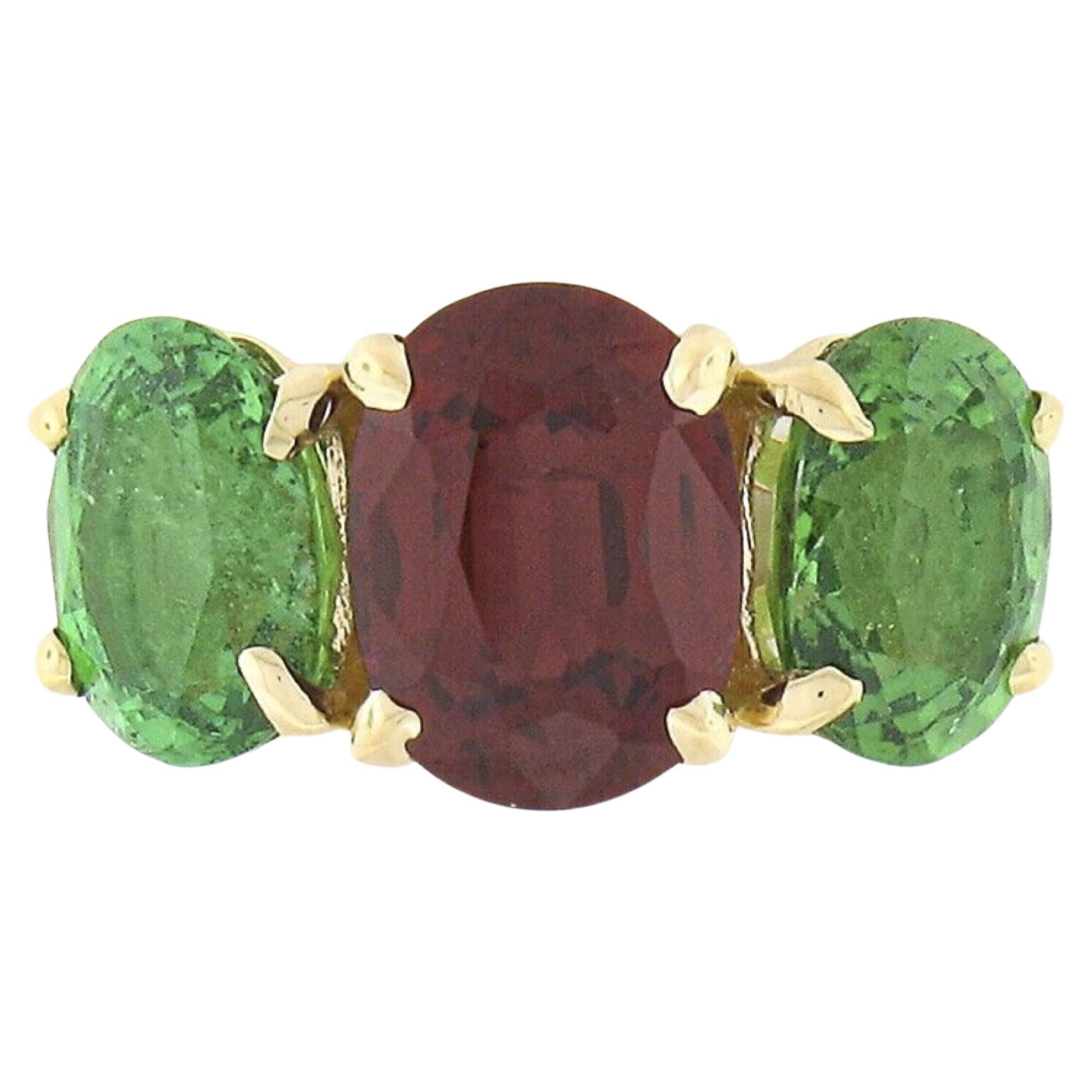 New Platinum 18k Gold GIA Burma No Heat Oval Red Spinel & Tsavorite 3 Stone Ring For Sale