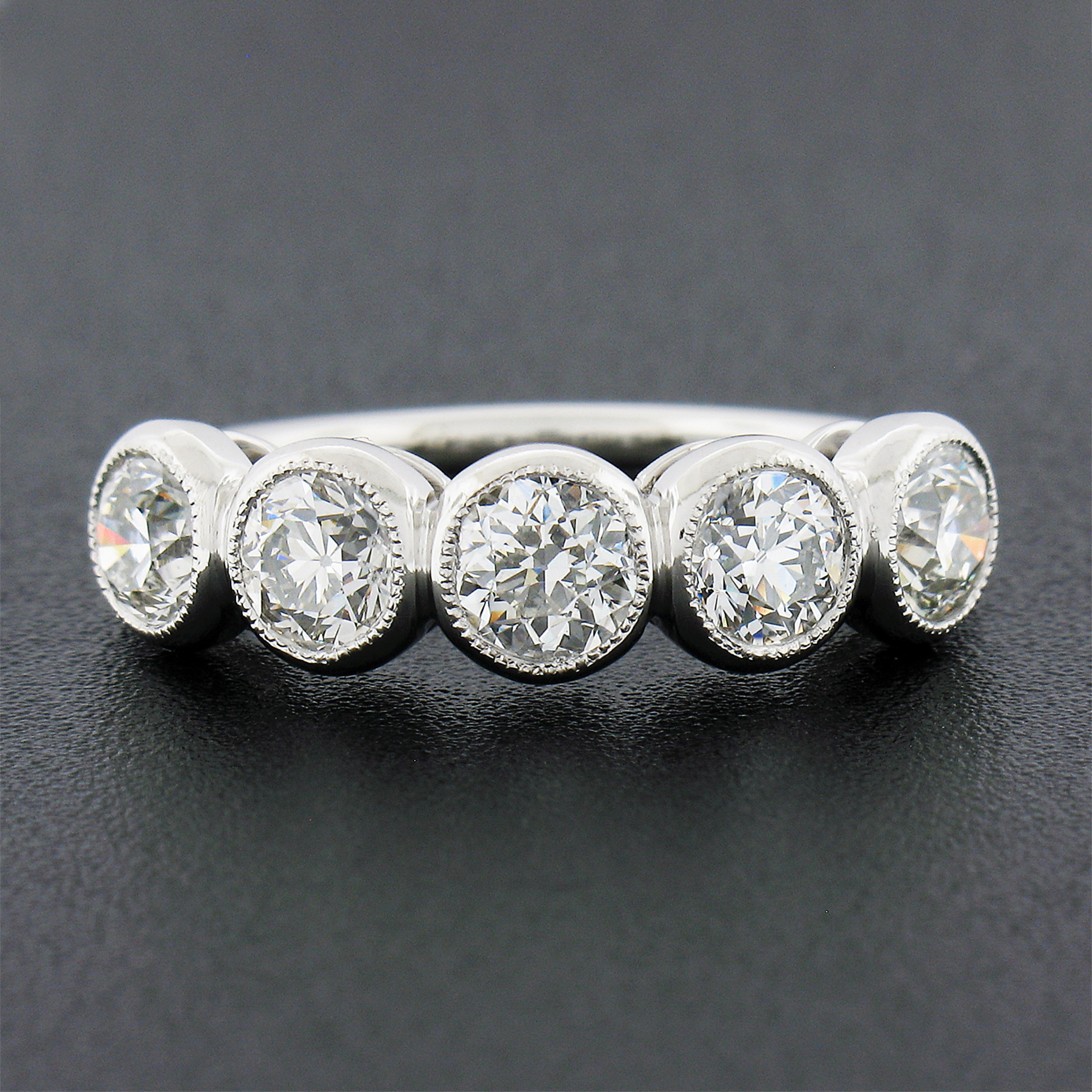 Old European Cut New Platinum 1.97ctw Milgrain Bezel European Diamond 5 Stone Wedding Band Ring For Sale