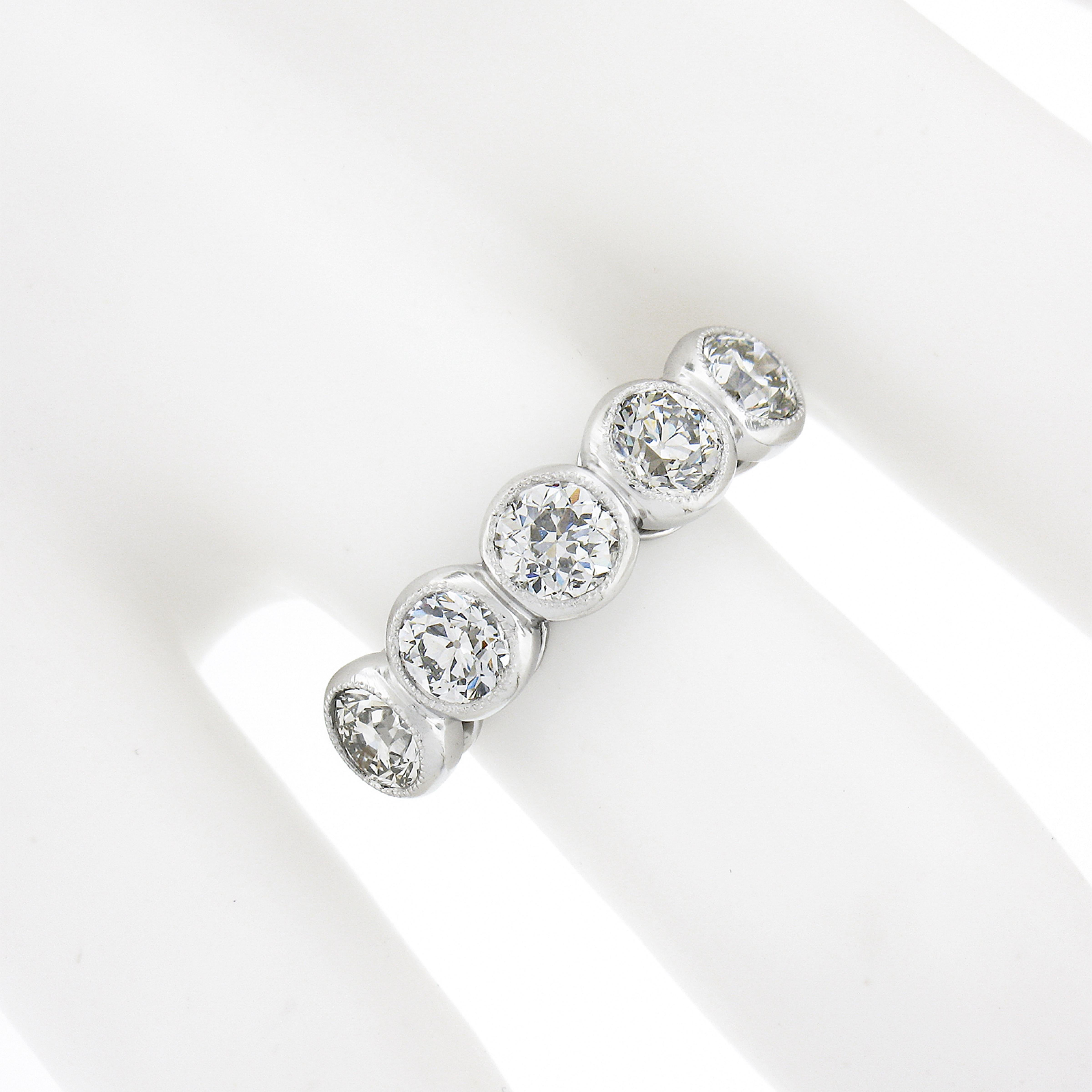 New Platinum 1.97ctw Milgrain Bezel European Diamond 5 Stone Wedding Band Ring In New Condition For Sale In Montclair, NJ