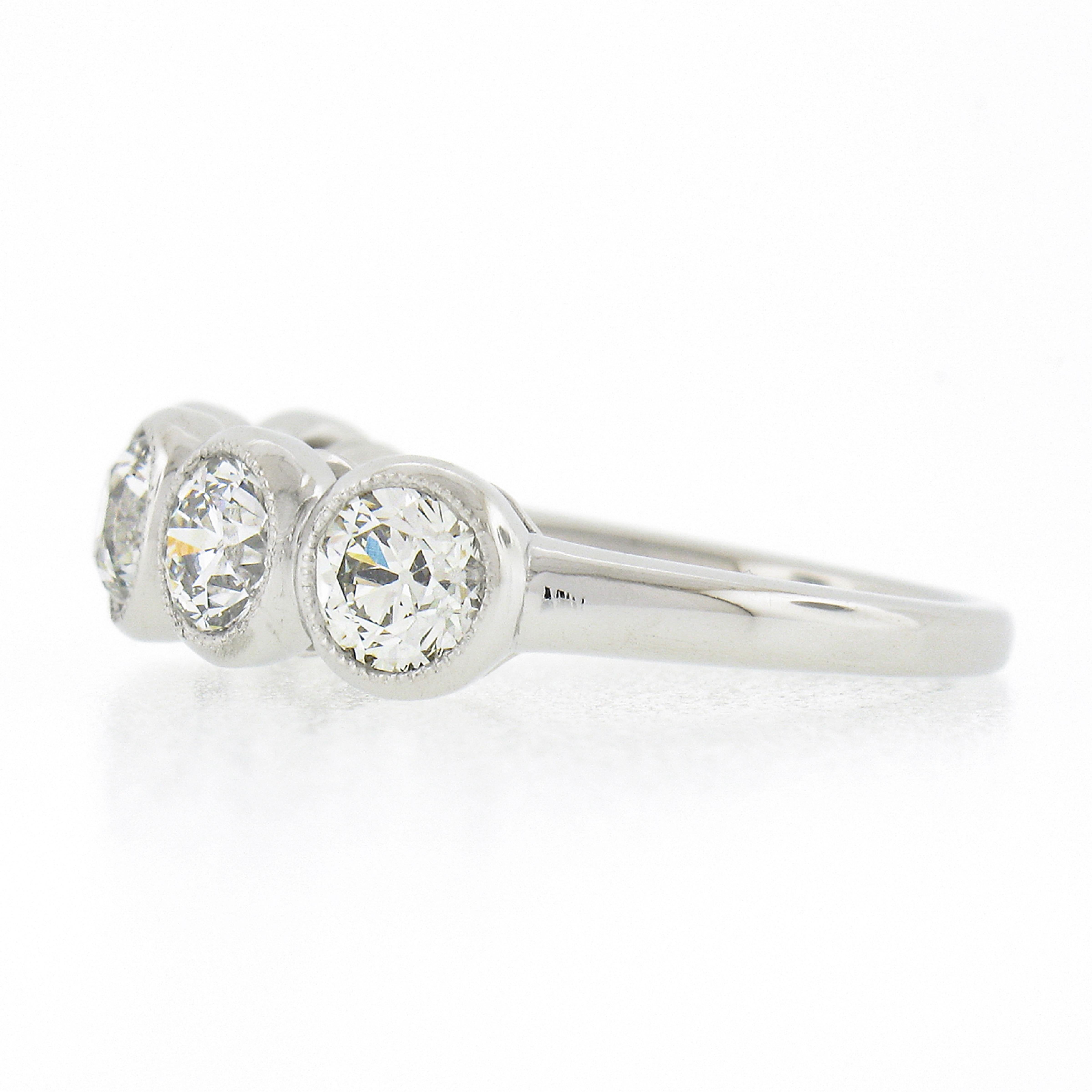 New Platinum 1.97ctw Milgrain Bezel European Diamond 5 Stone Wedding Band Ring For Sale 1