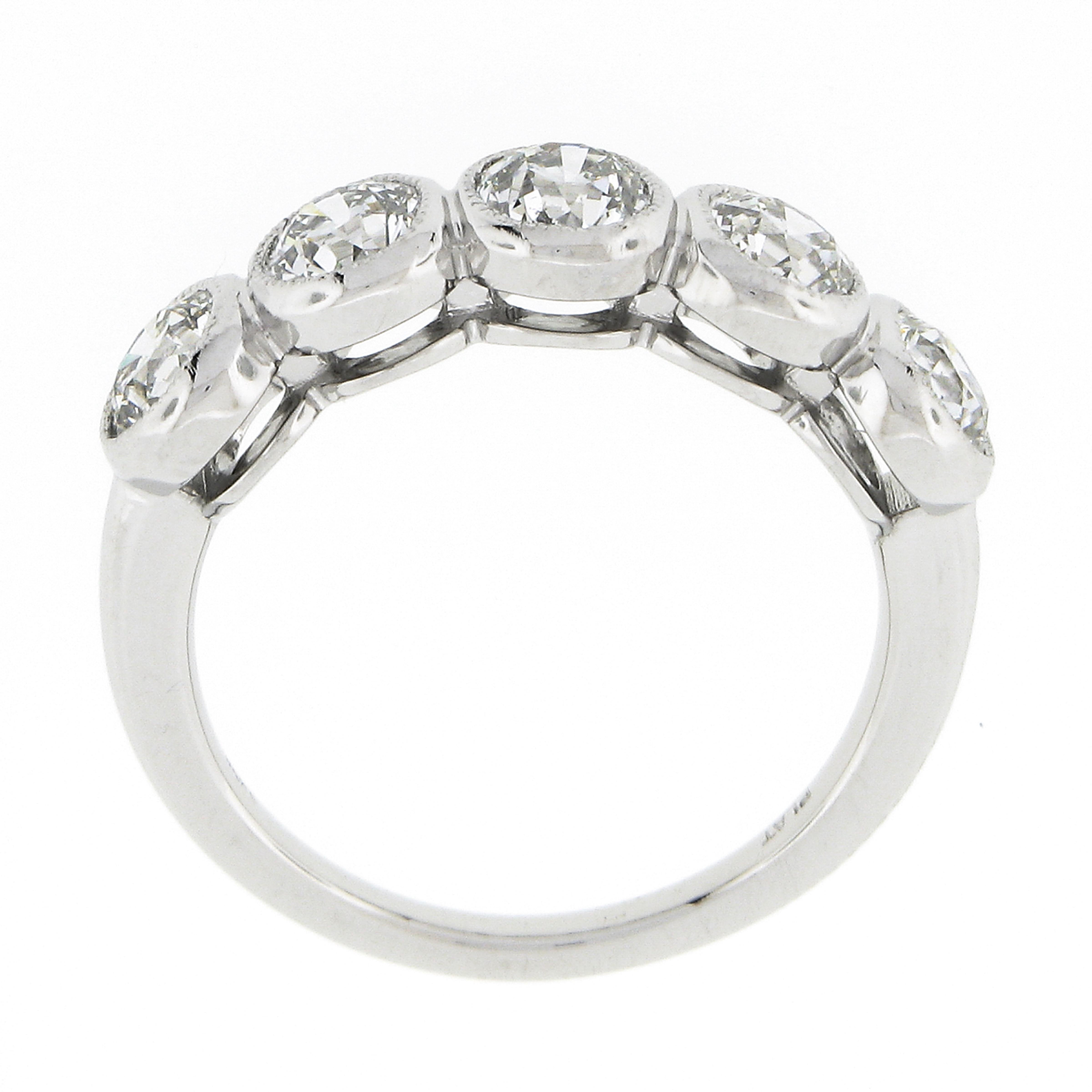 New Platinum 1.97ctw Milgrain Bezel European Diamond 5 Stone Wedding Band Ring For Sale 3