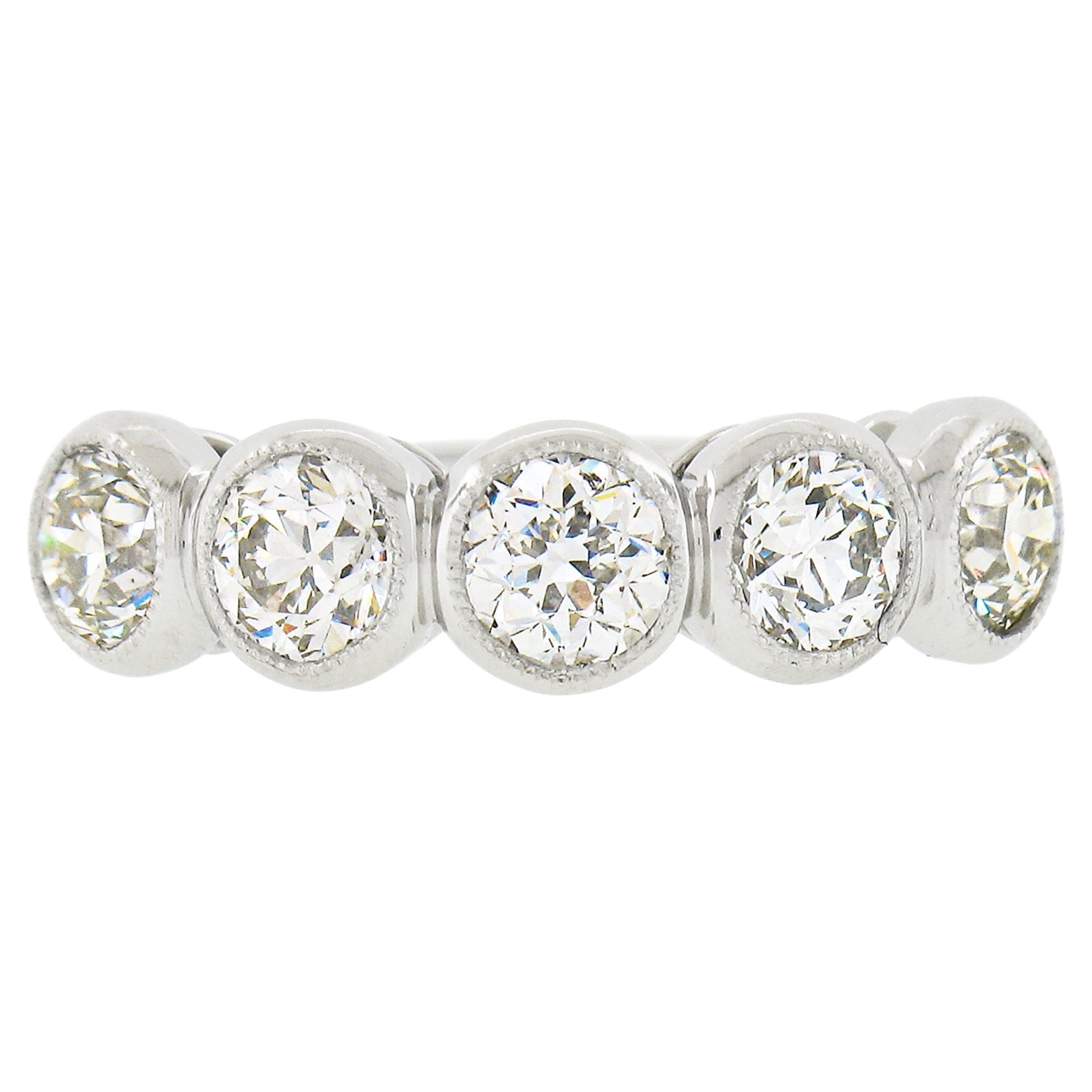 New Platinum 1.97ctw Milgrain Bezel European Diamond 5 Stone Wedding Band Ring For Sale