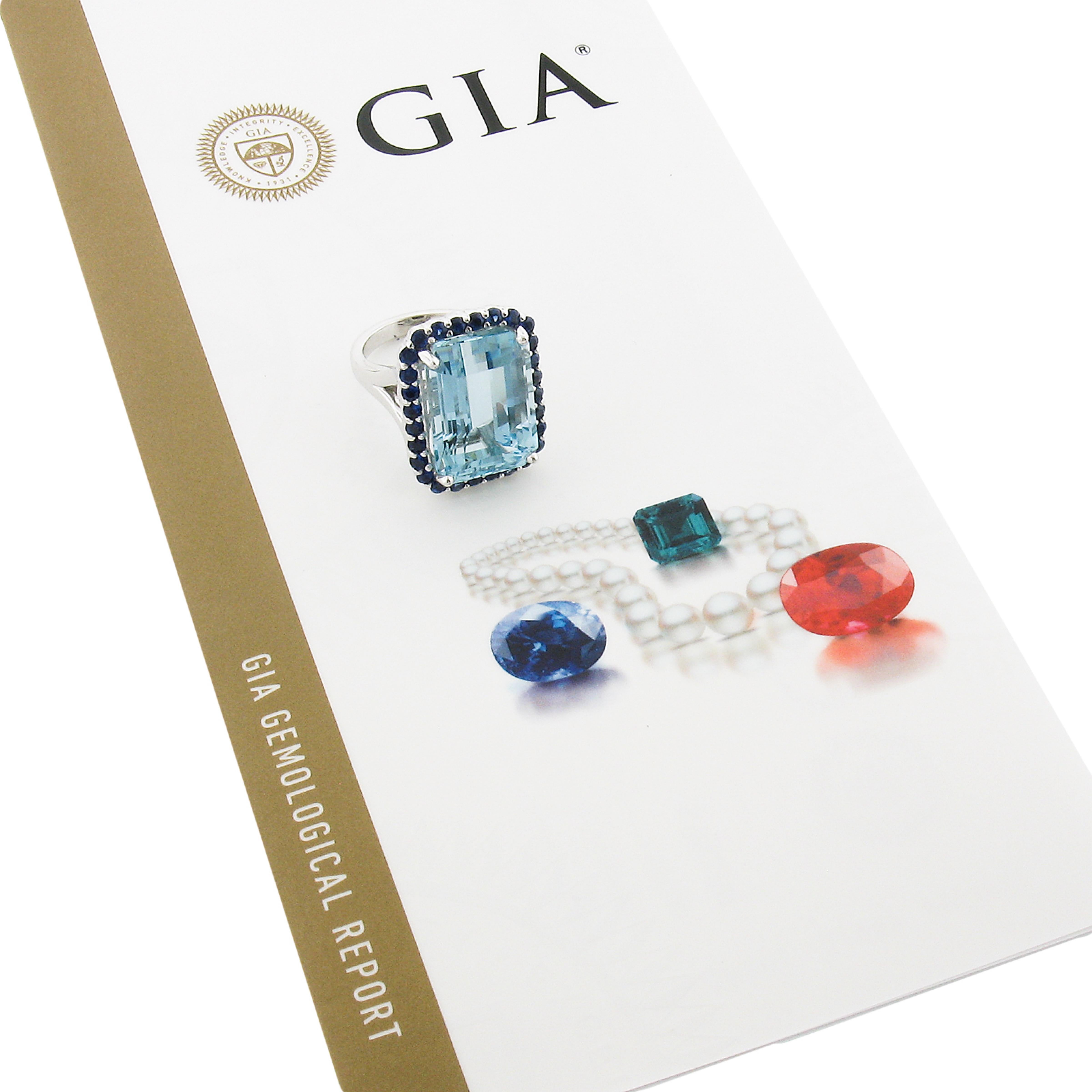 New Platinum 20.67ctw GIA Large Emerald Cut Aquamarine & Sapphire Halo Ring For Sale 5