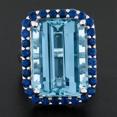 New Platinum 20.67ctw GIA Large Emerald Cut Aquamarine & Sapphire Halo Ring
