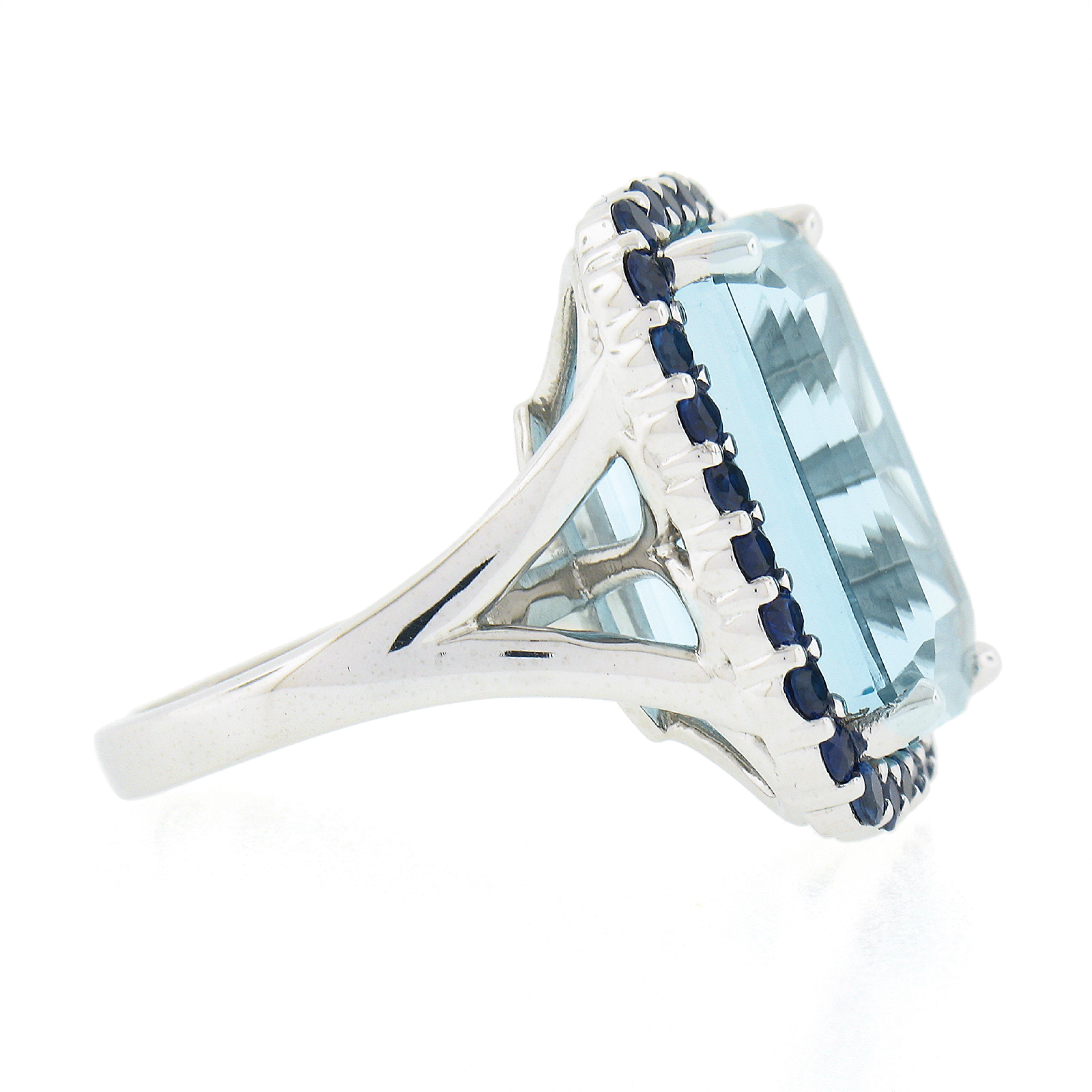 Women's New Platinum 20.67ctw GIA Large Emerald Cut Aquamarine & Sapphire Halo Ring For Sale