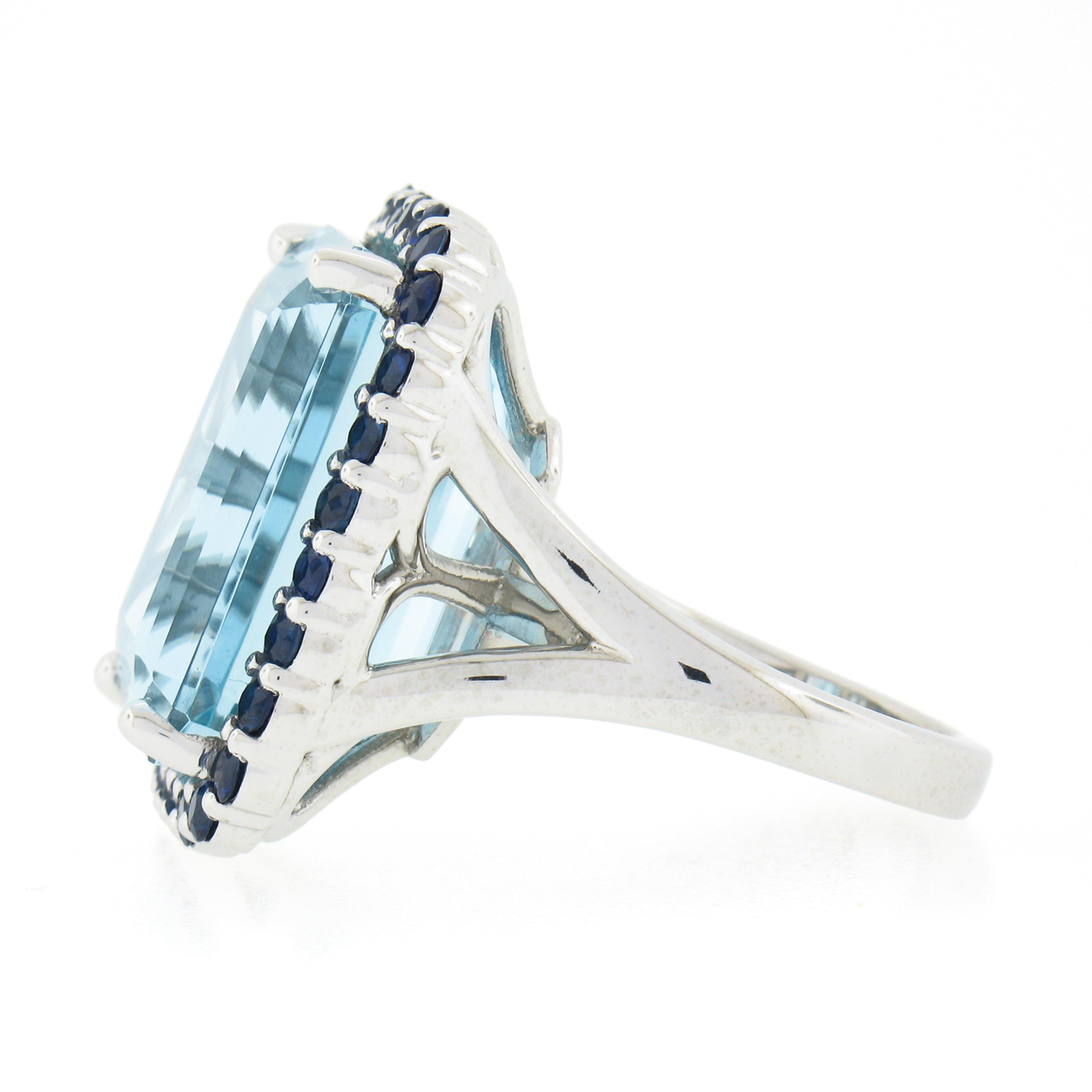 New Platinum 20.67ctw GIA Large Emerald Cut Aquamarine & Sapphire Halo Ring For Sale 1