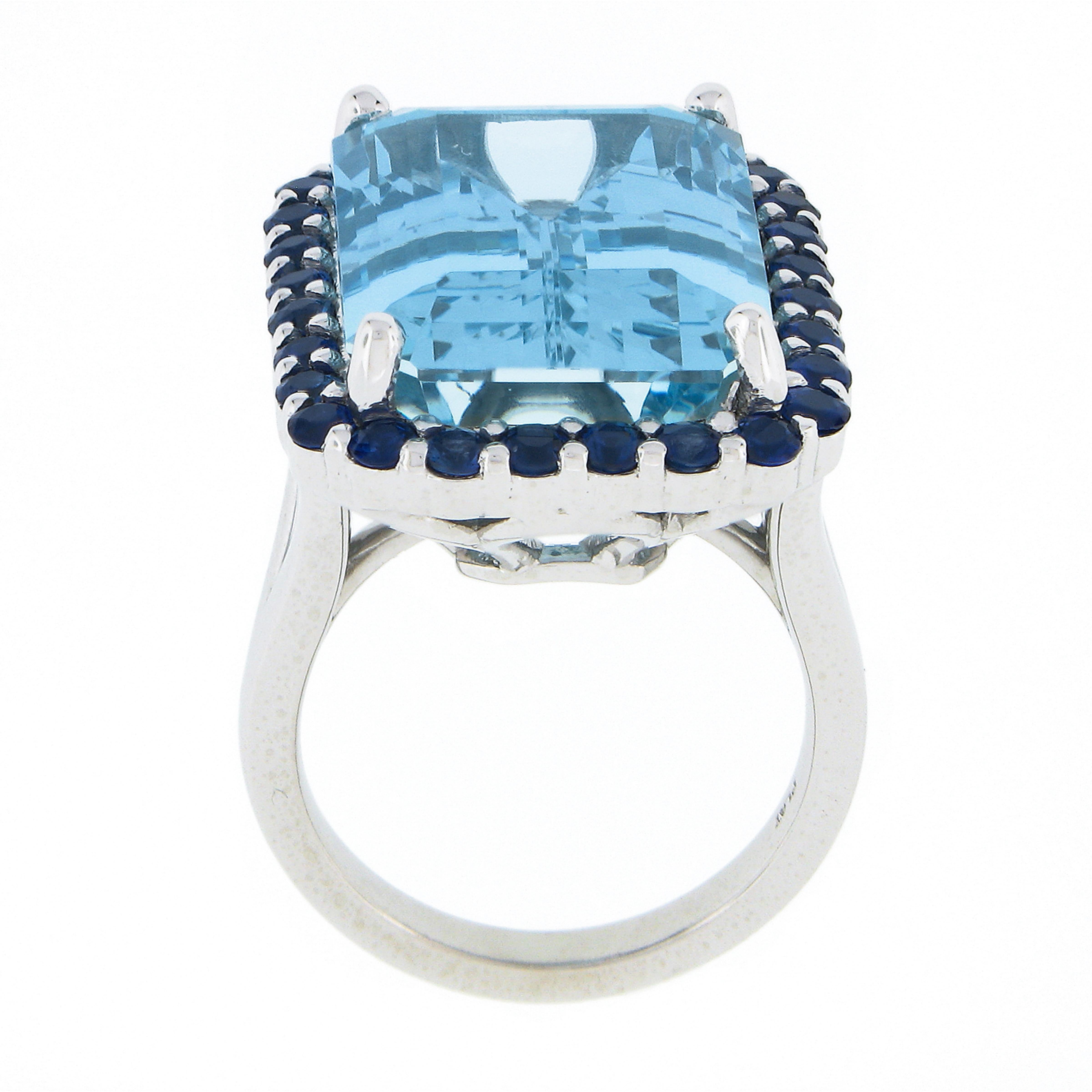 New Platinum 20.67ctw GIA Large Emerald Cut Aquamarine & Sapphire Halo Ring For Sale 3