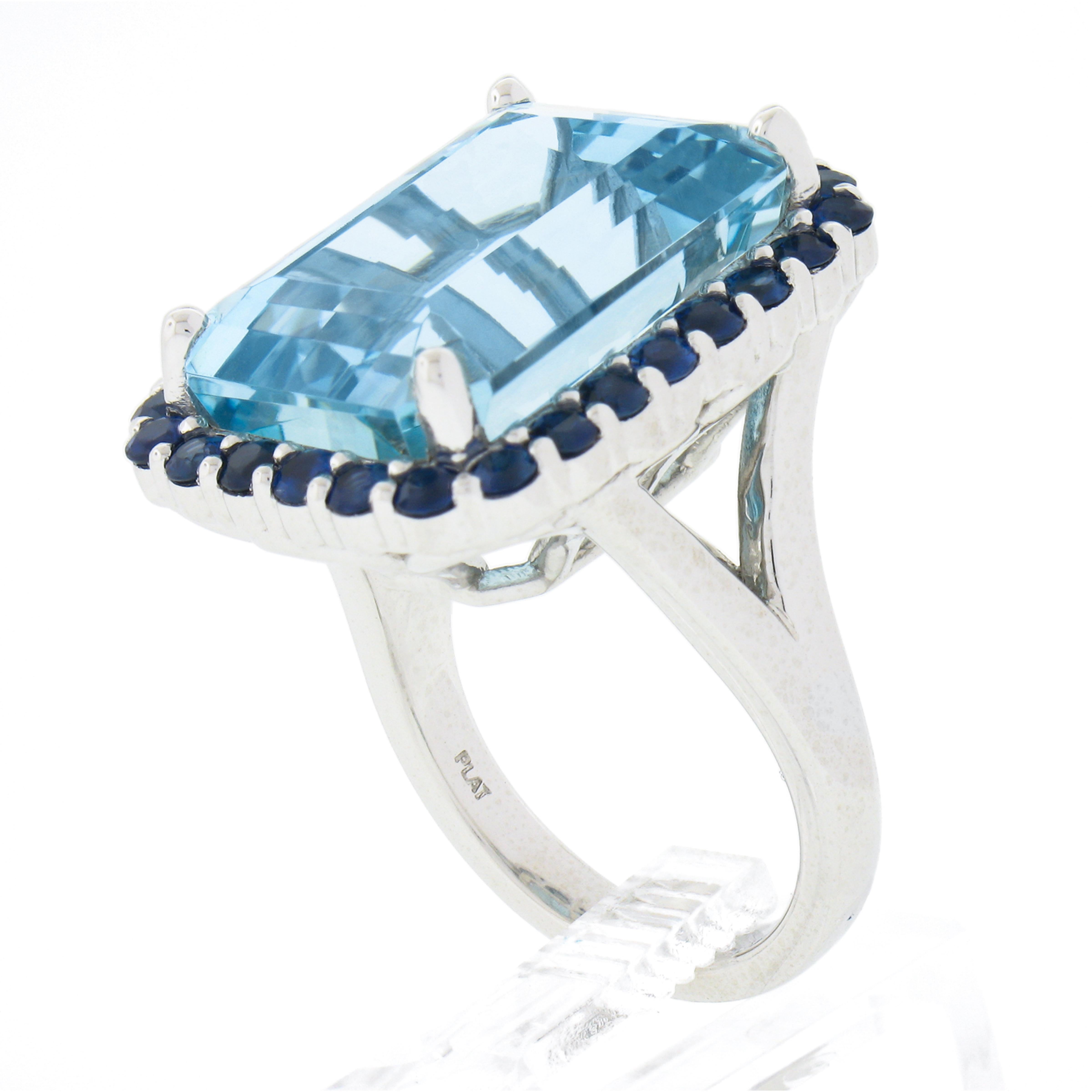 New Platinum 20.67ctw GIA Large Emerald Cut Aquamarine & Sapphire Halo Ring For Sale 4