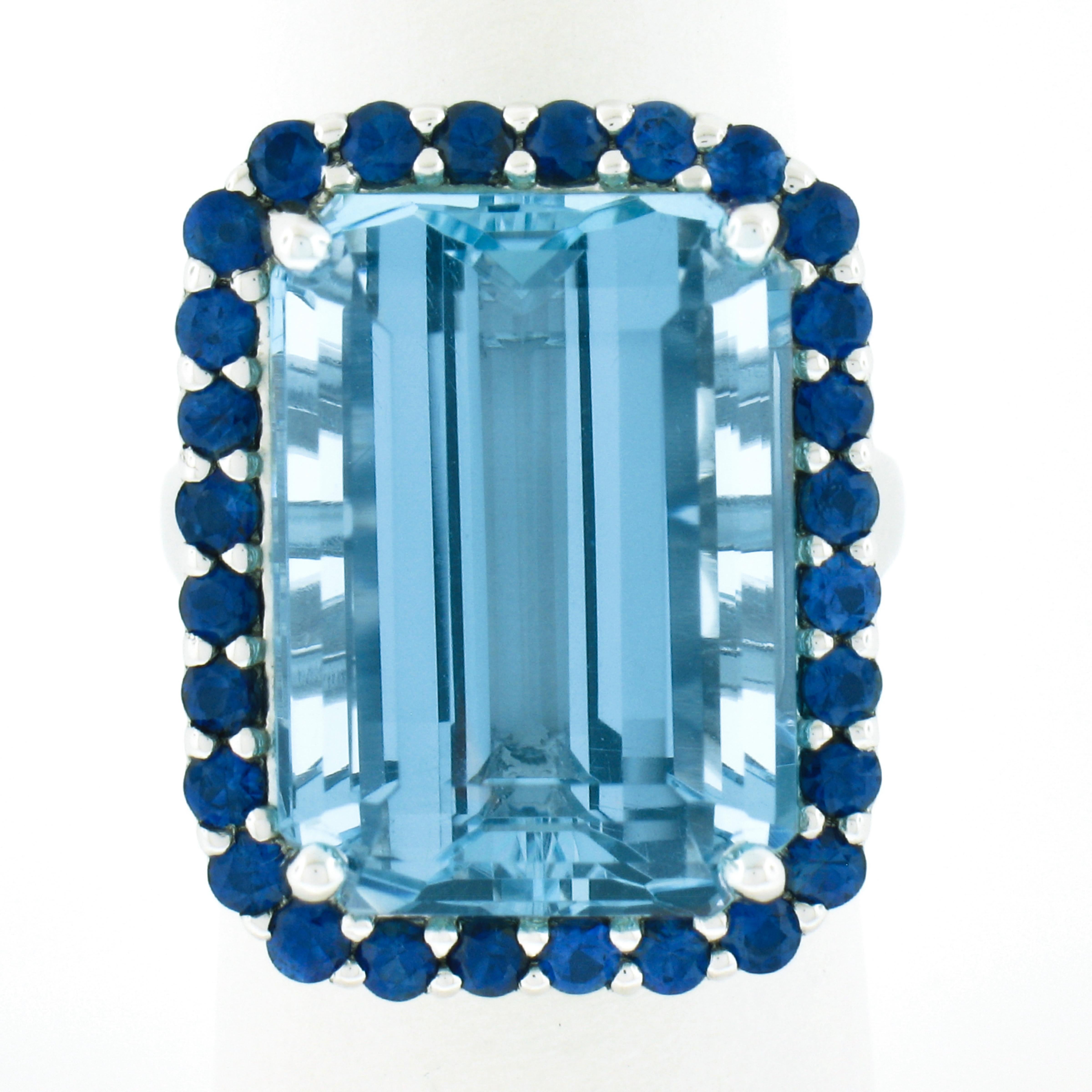 New Platinum 20.67ctw GIA Large Emerald Cut Aquamarine & Sapphire Halo Ring For Sale