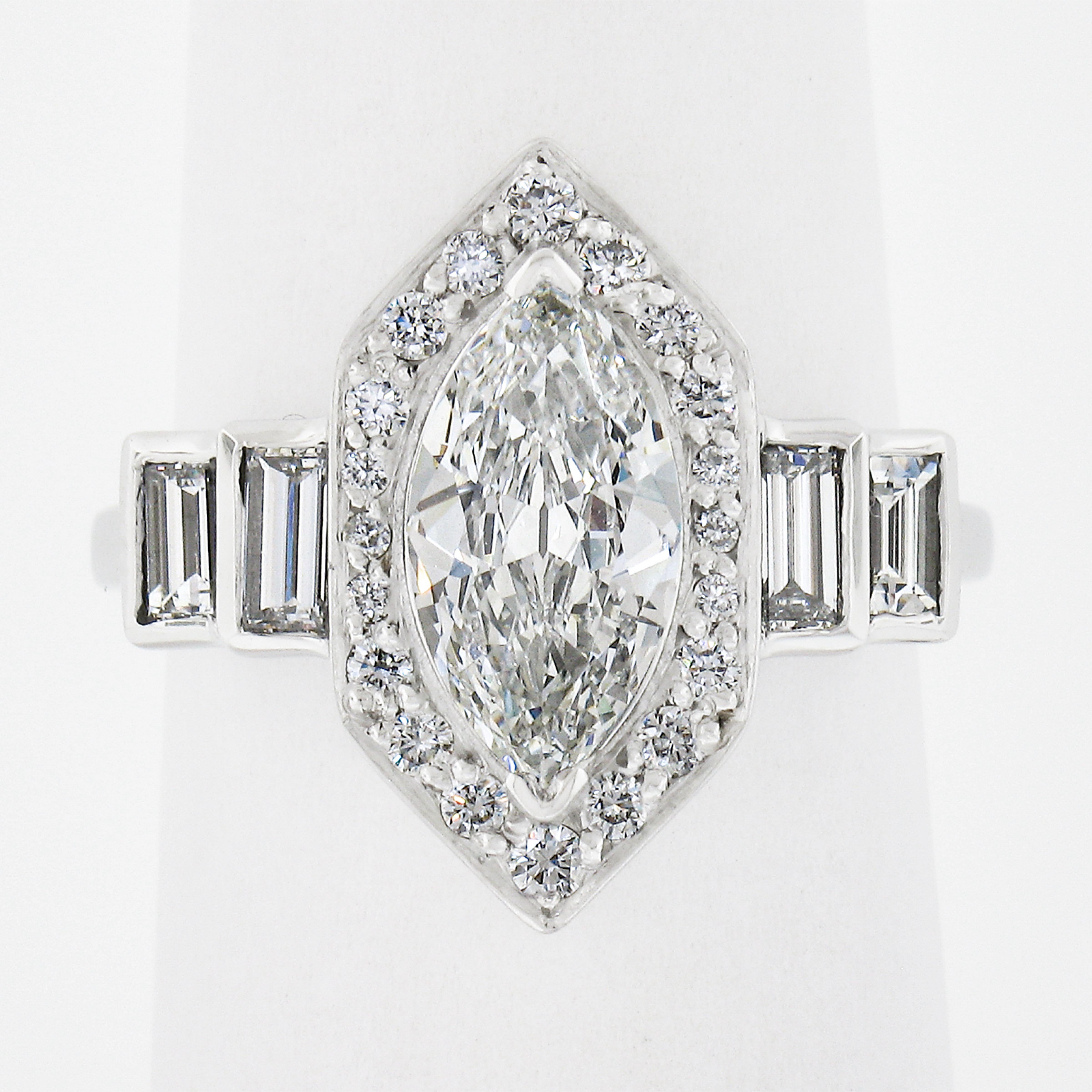 Marquise Cut New Platinum 2.13ctw GIA Marquise Diamond with Round & Baguette Accents Ring