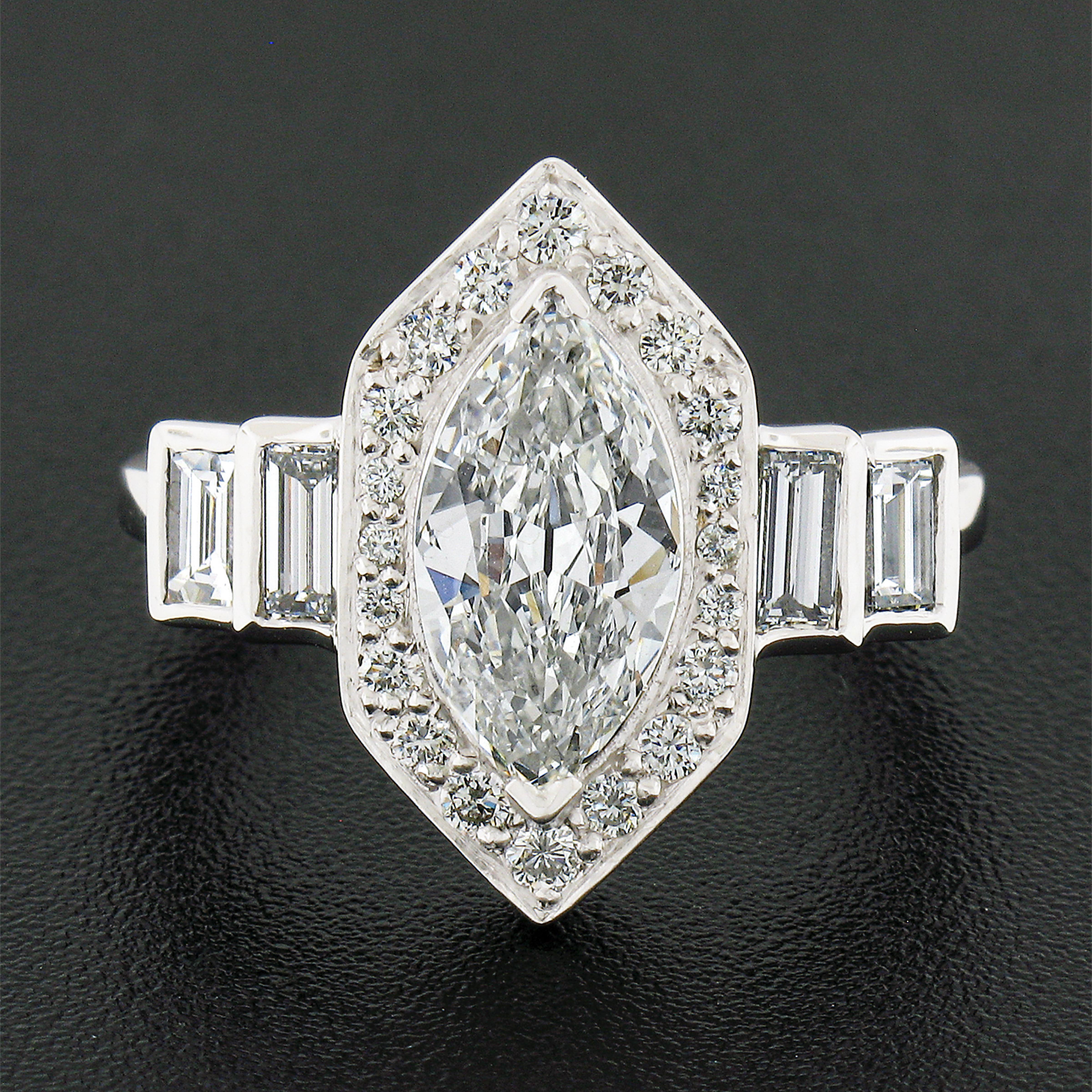 New Platinum 2.13ctw GIA Marquise Diamond with Round & Baguette Accents Ring In New Condition In Montclair, NJ