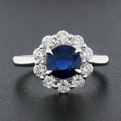 New Platinum 2.14ct GIA Burma No Heat Round Sapphire W/ Diamond Flower Halo Ring