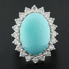 New Platinum 22.06ctw Large Oval Cabochon Turquoise & Diamond Halo Cocktail Ring