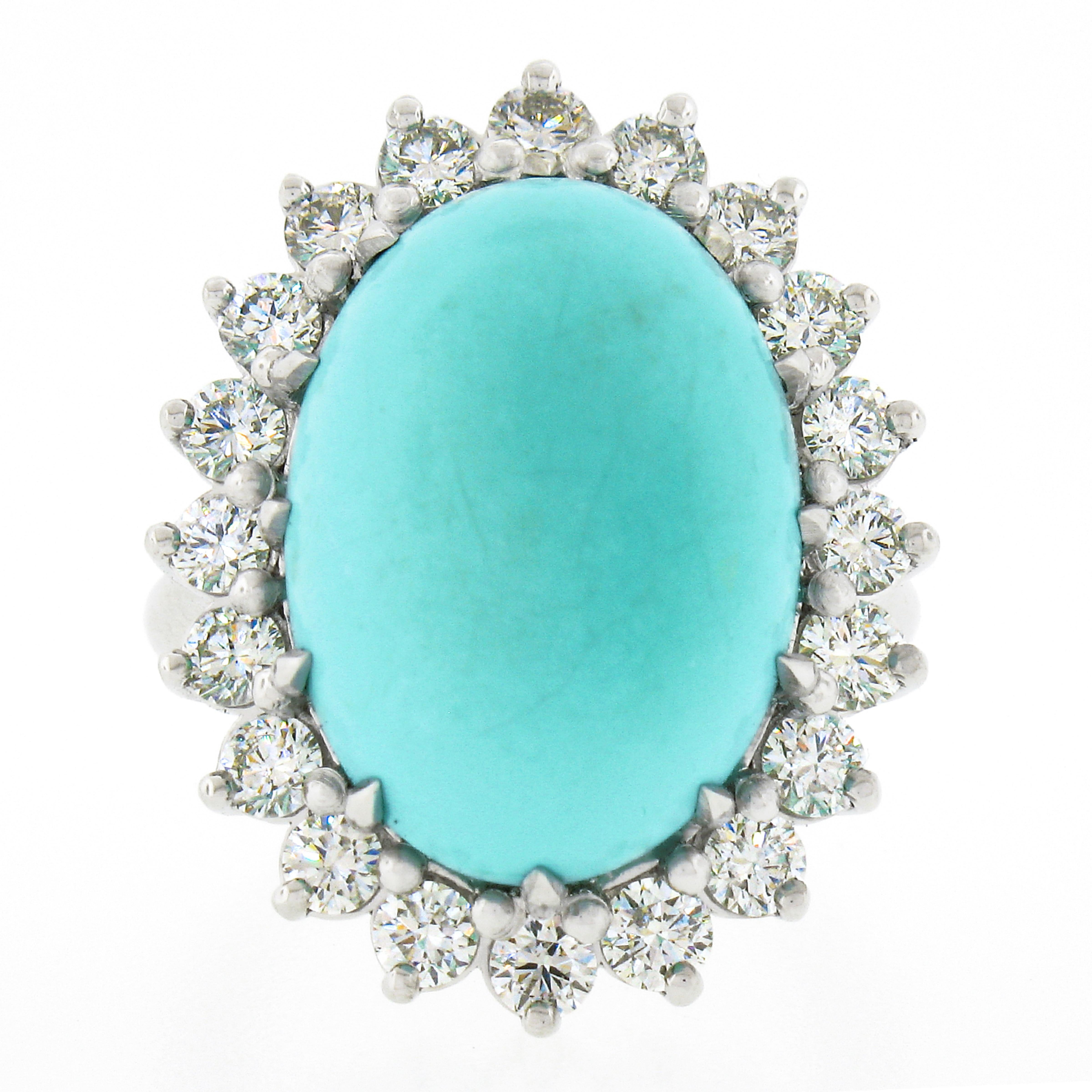New Platinum 22.06ctw Large Oval Cabochon Turquoise & Diamond Halo Cocktail Ring In New Condition For Sale In Montclair, NJ