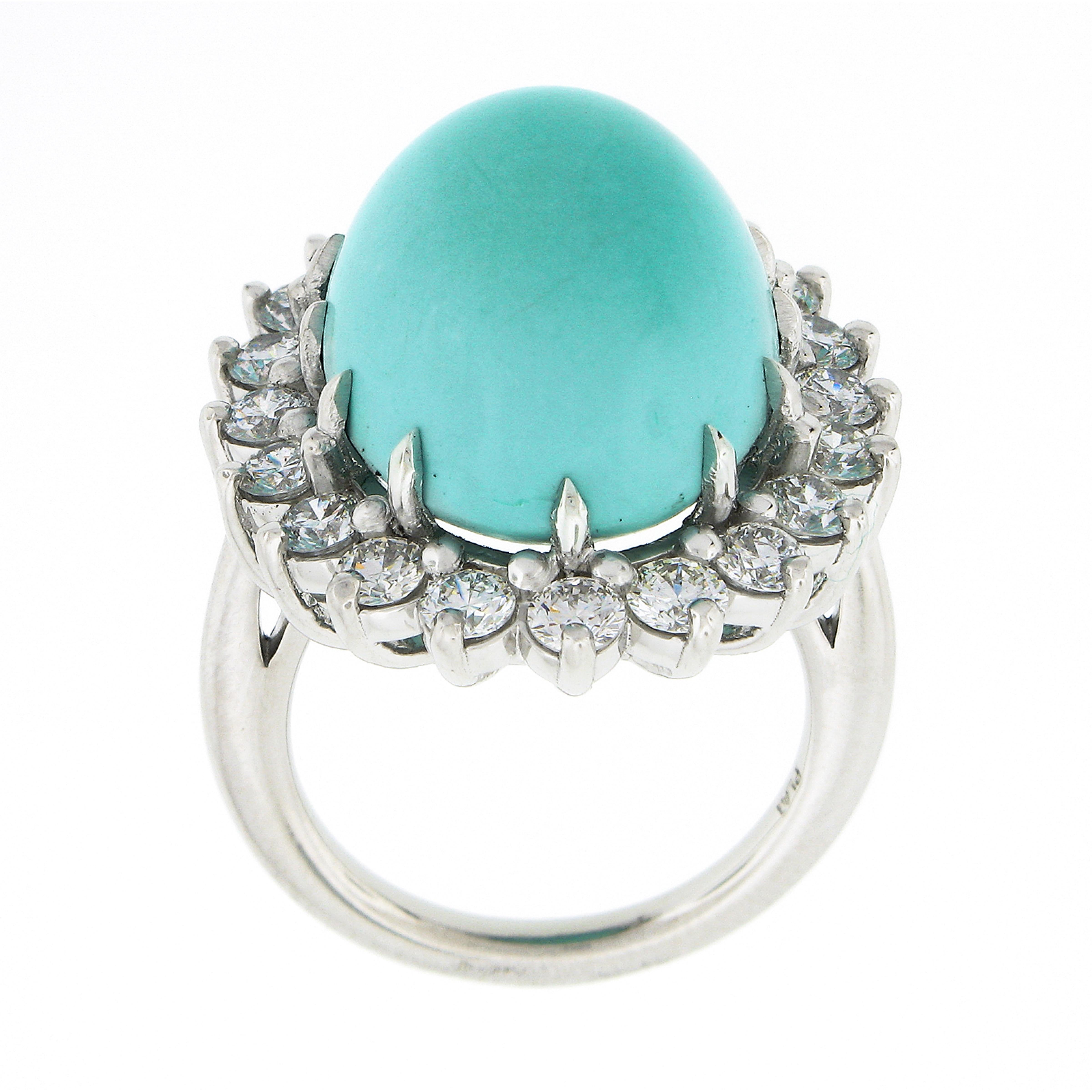 New Platinum 22.06ctw Large Oval Cabochon Turquoise & Diamond Halo Cocktail Ring For Sale 3