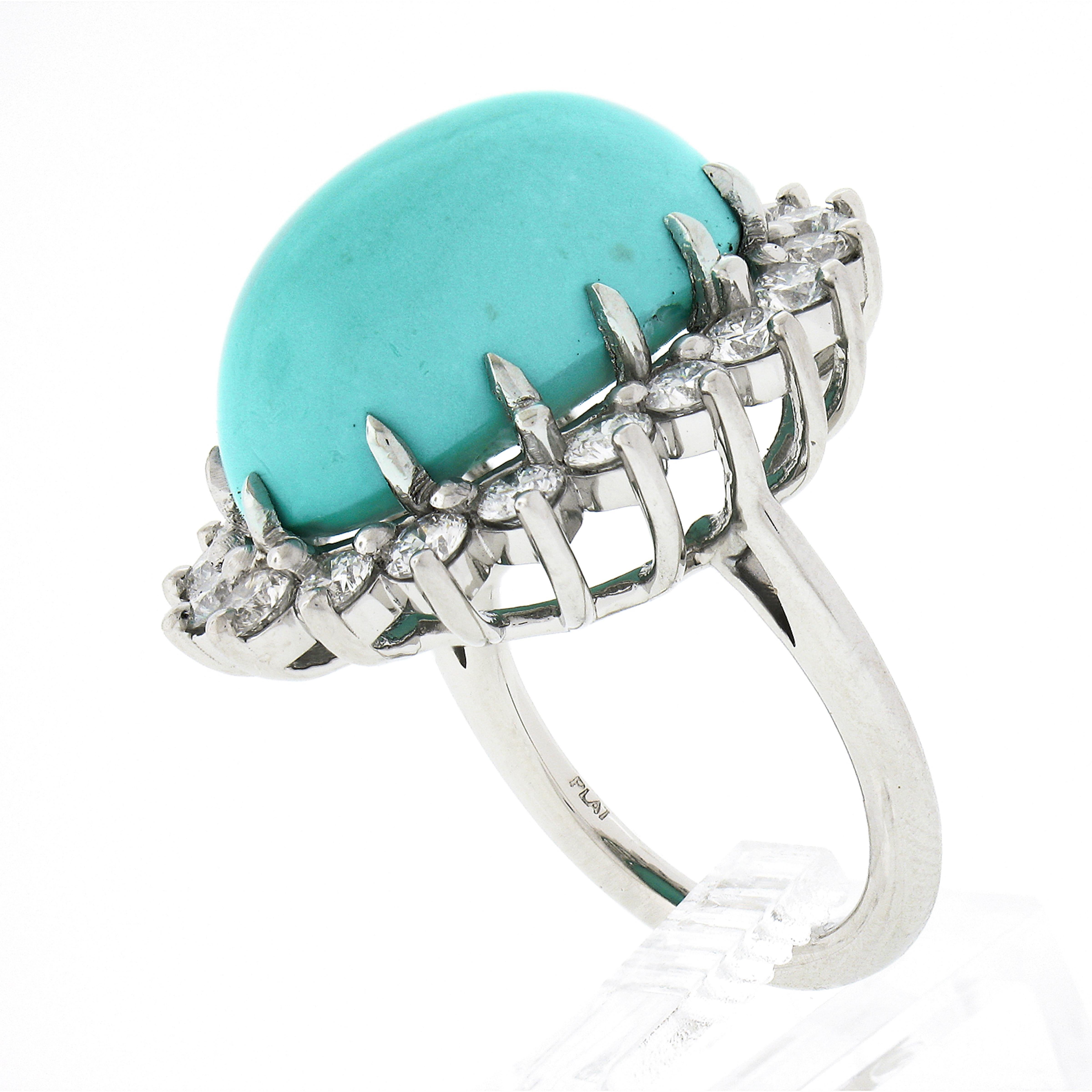 New Platinum 22.06ctw Large Oval Cabochon Turquoise & Diamond Halo Cocktail Ring For Sale 4