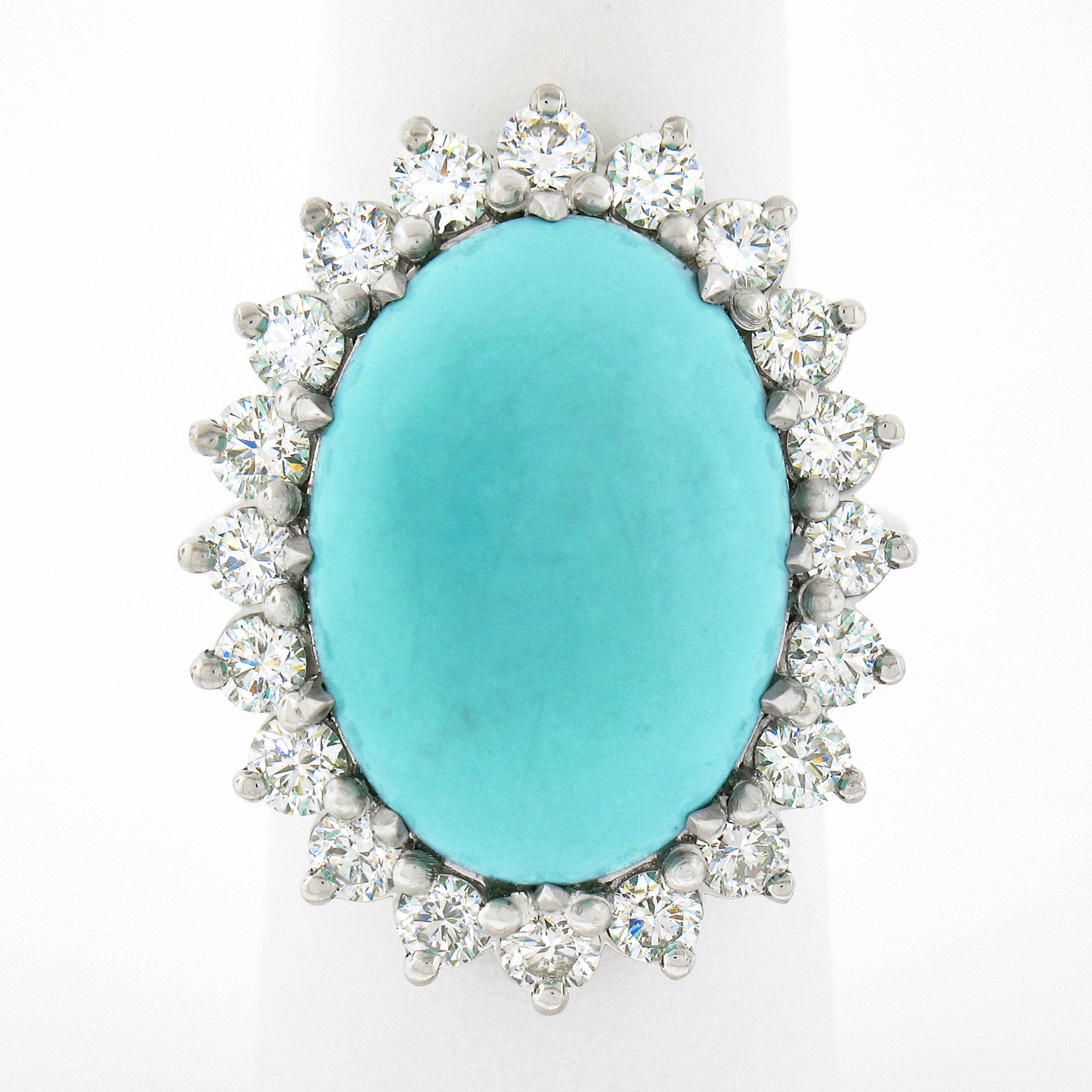 New Platinum 22.06ctw Large Oval Cabochon Turquoise & Diamond Halo Cocktail Ring For Sale