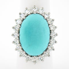 New Platinum 22.06ctw Large Oval Cabochon Turquoise & Diamond Halo Cocktail Ring