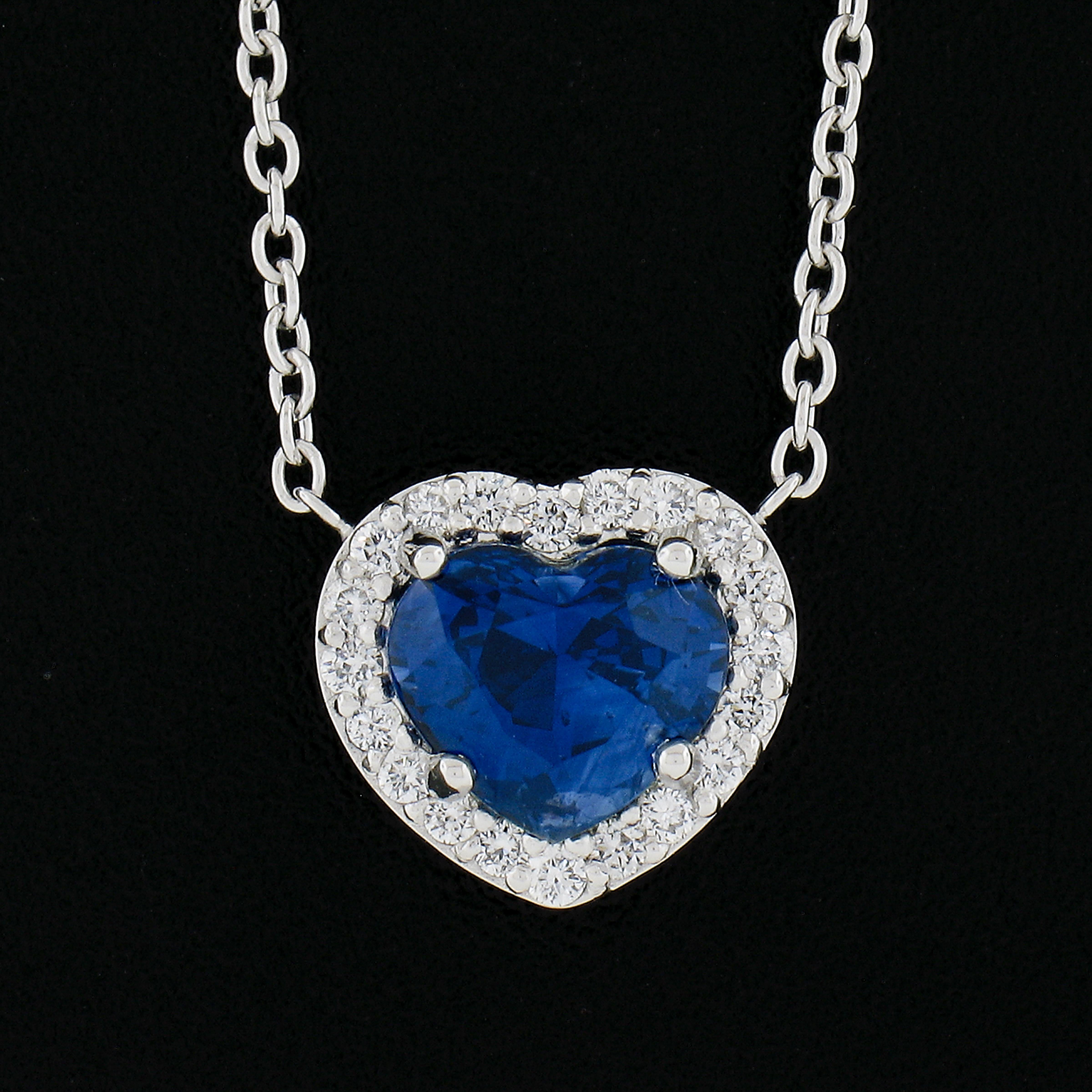 Heart Cut New Platinum 2.27ctw Heart Royal Blue Sapphire & Diamond Halo Pendant Necklace For Sale
