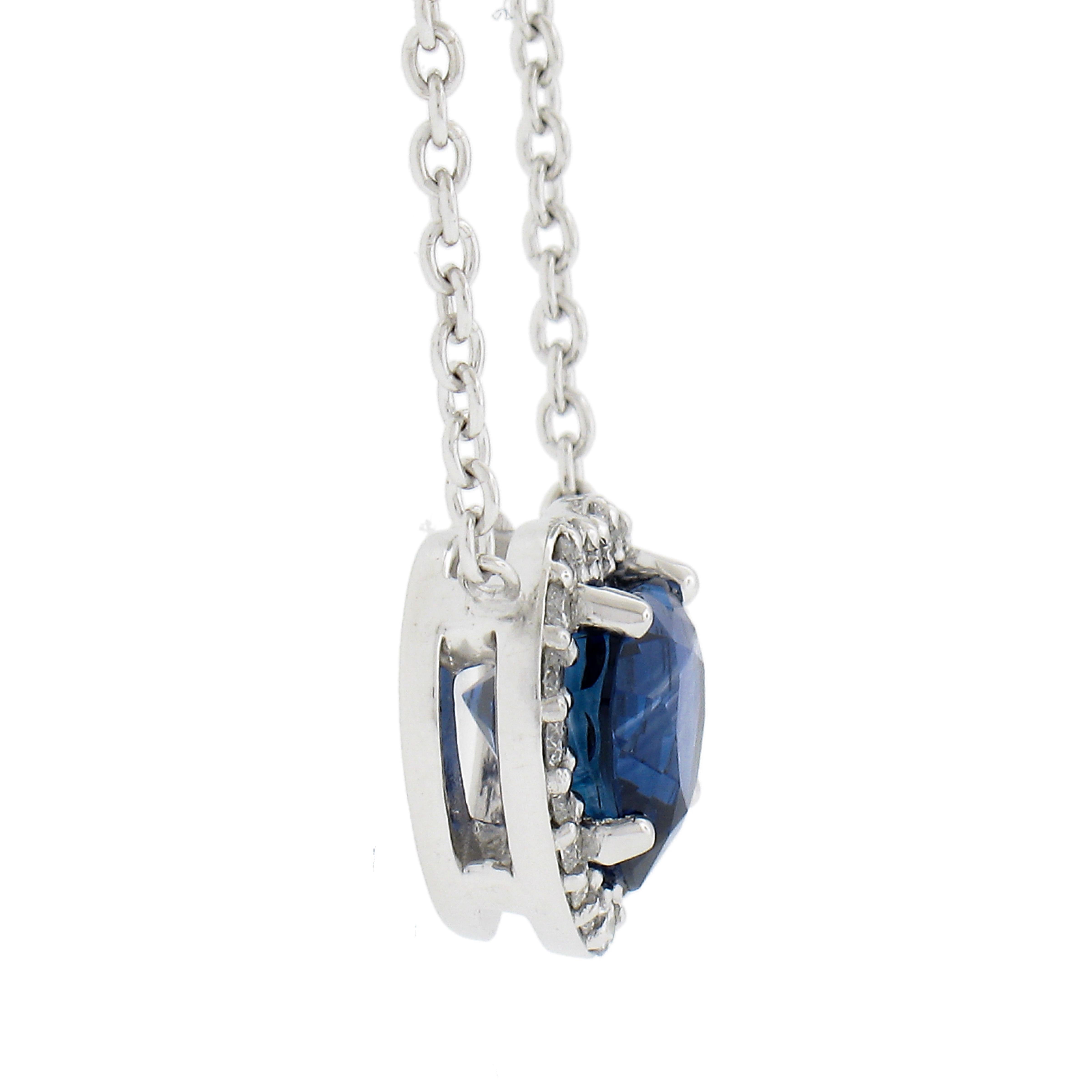 New Platinum 2.27ctw Heart Royal Blue Sapphire & Diamond Halo Pendant Necklace In New Condition For Sale In Montclair, NJ