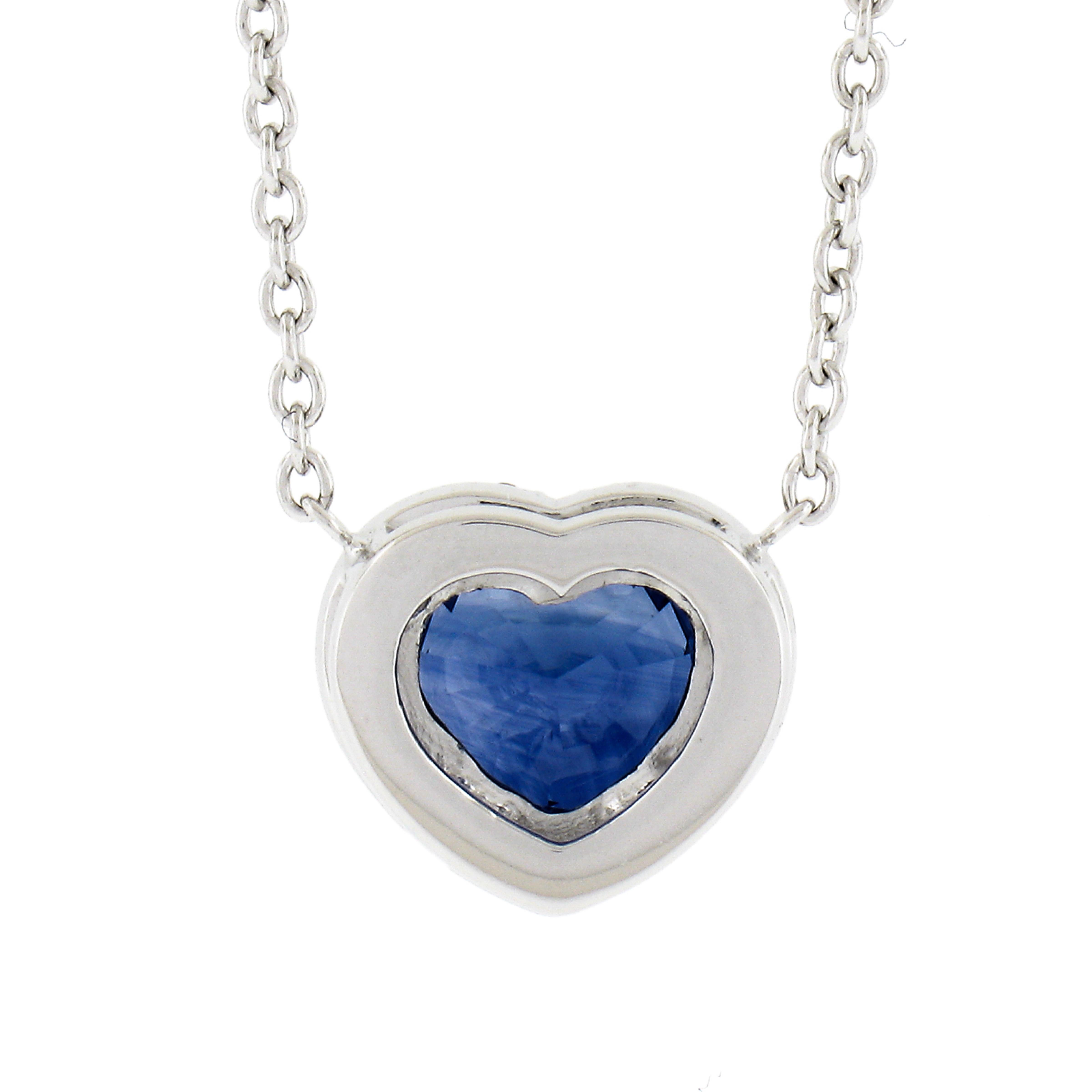New Platinum 2.27ctw Heart Royal Blue Sapphire & Diamond Halo Pendant Necklace For Sale 1