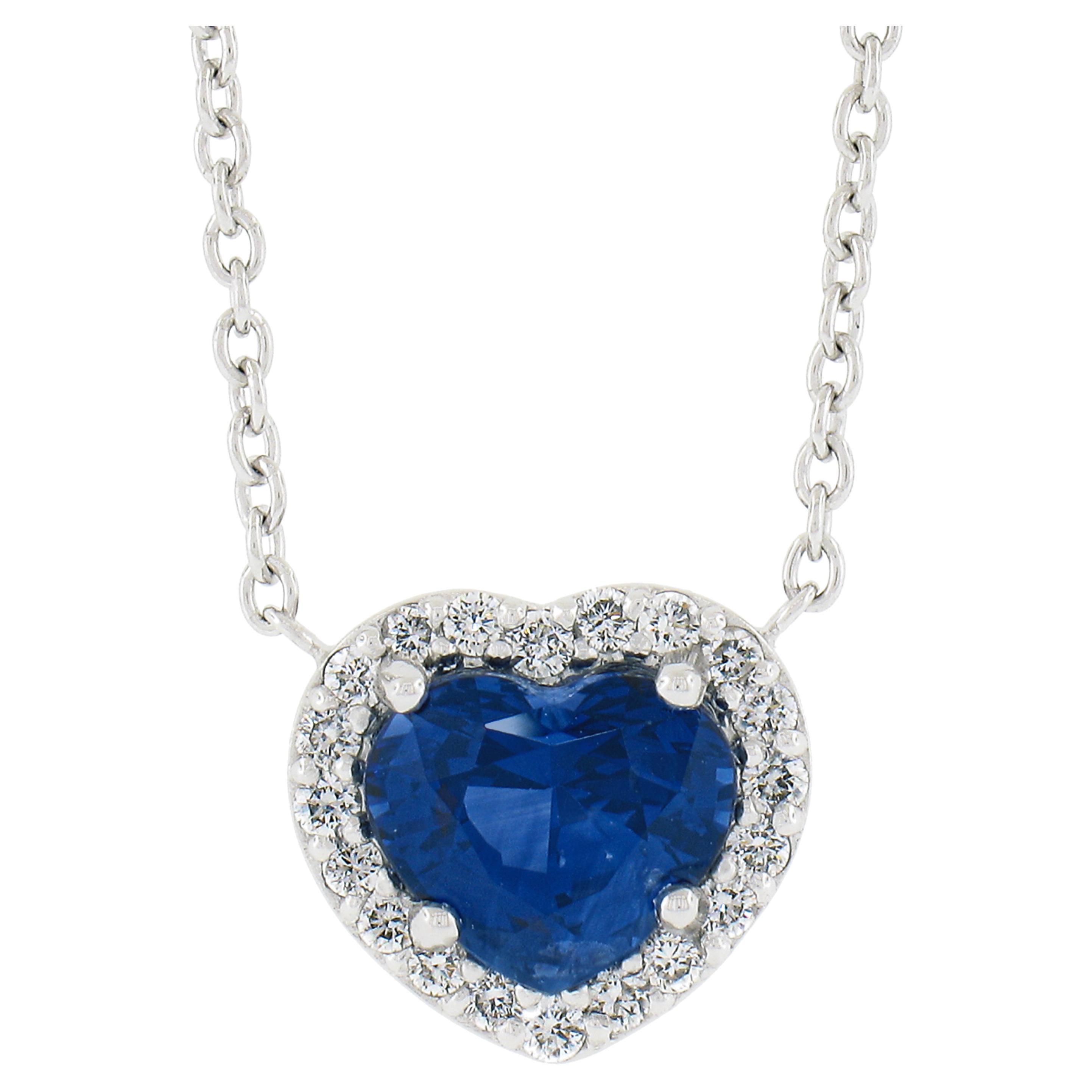 New Platinum 2.27ctw Heart Royal Blue Sapphire & Diamond Halo Pendant Necklace For Sale