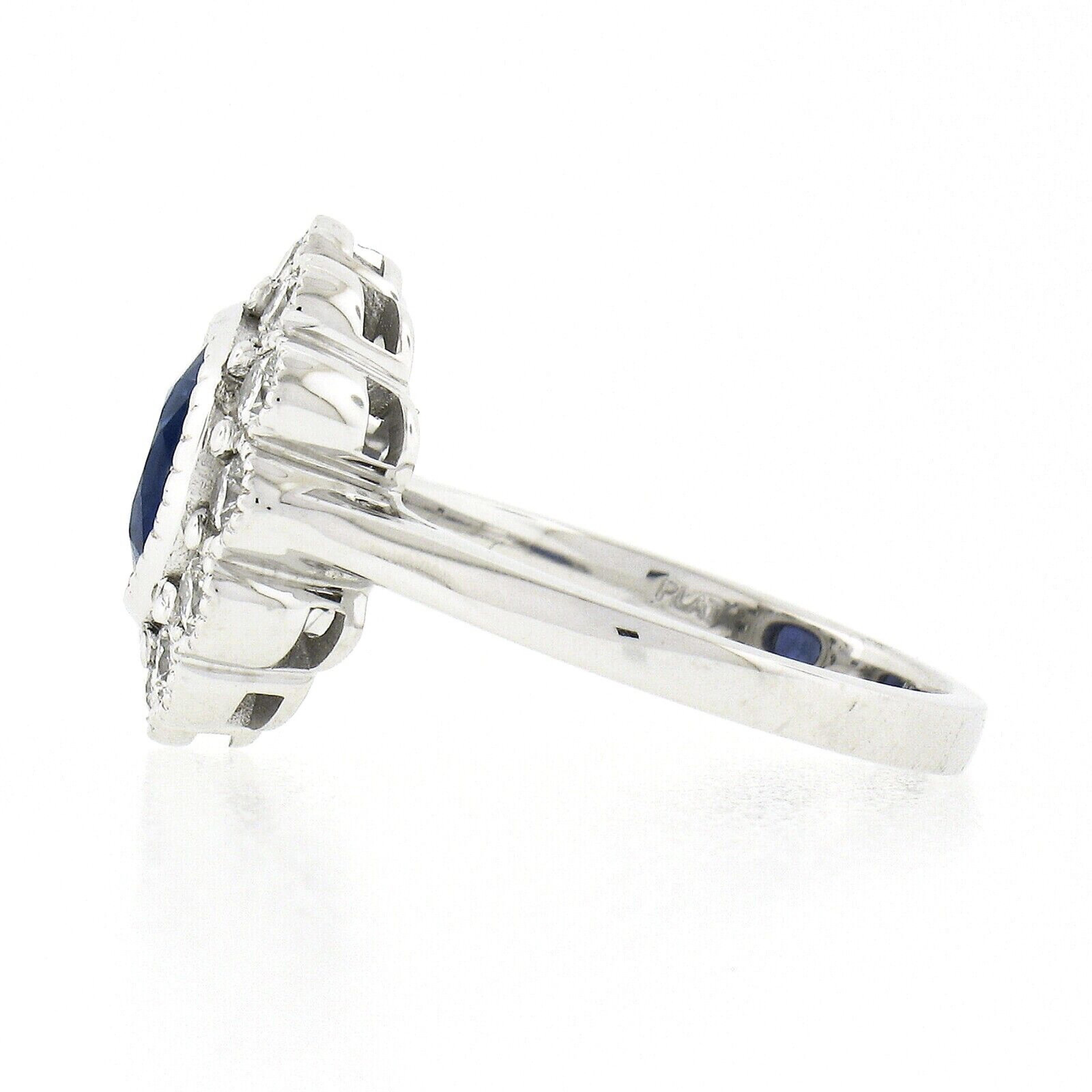 New Platinum 2.37ctw GIA No Heat Oval Bezel Sapphire Diamond Milgrain Halo Ring Pour femmes en vente