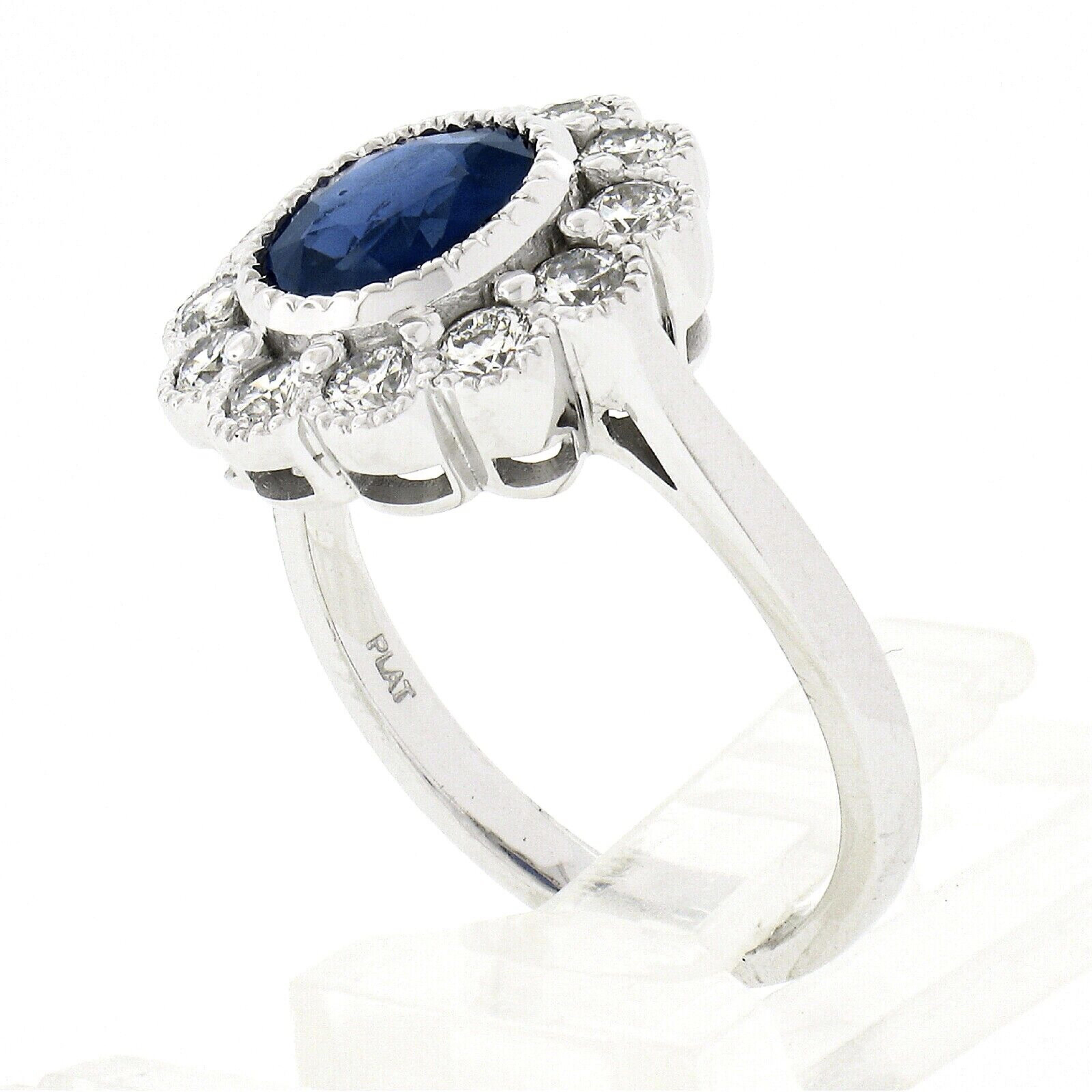 New Platinum 2.37ctw GIA No Heat Oval Bezel Sapphire Diamond Milgrain Halo Ring For Sale 3