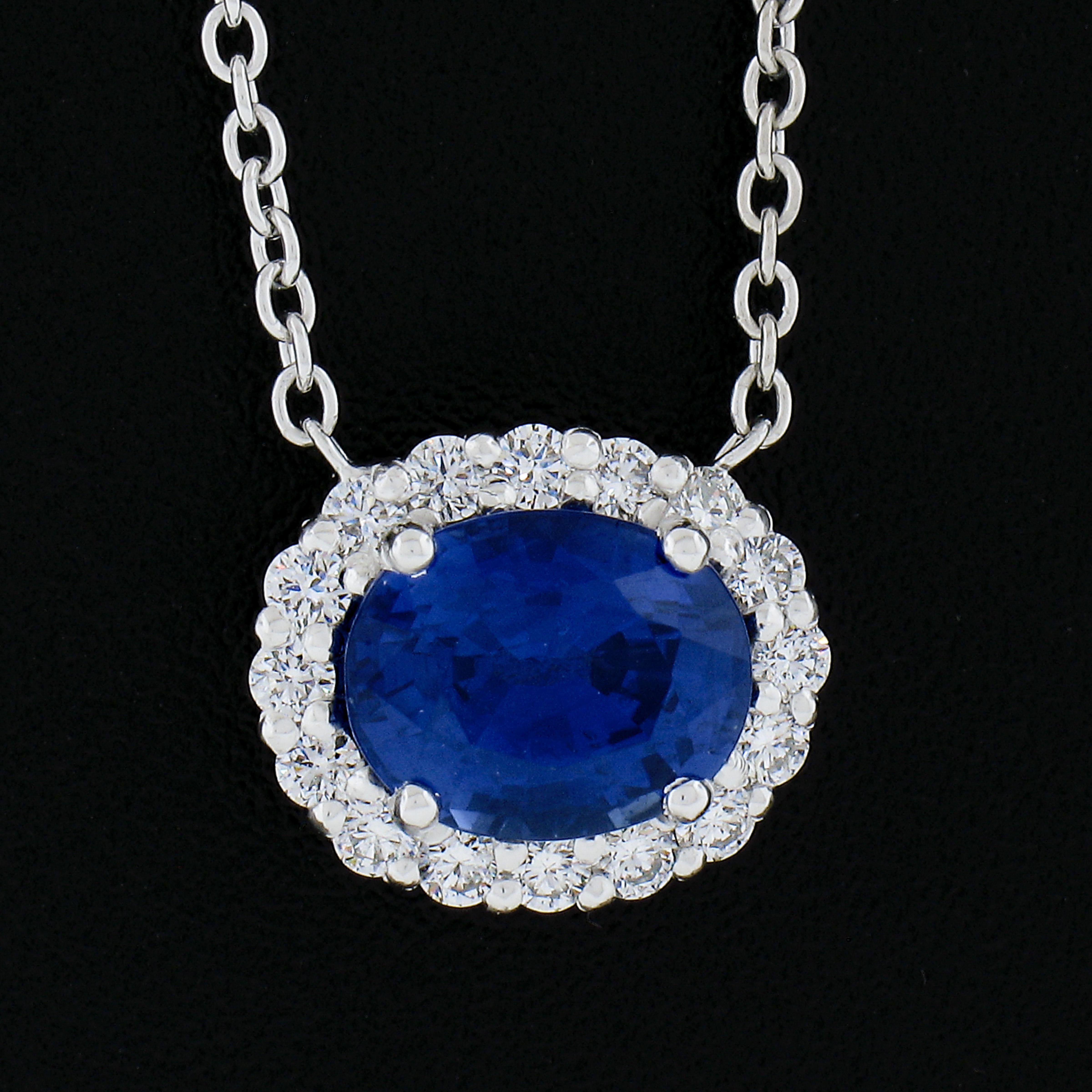 Oval Cut NEW Platinum 2.42ct GIA Oval AMAZING BLUE Sapphire Diamond Halo Pendant Necklace For Sale