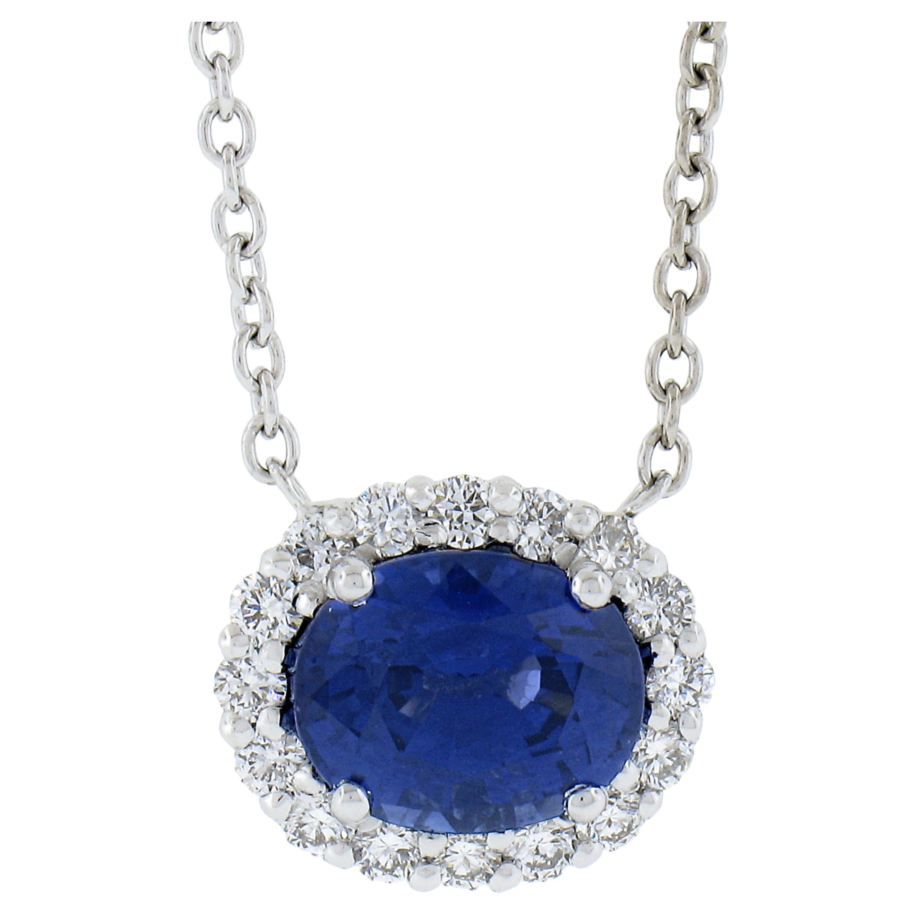 NEW Platinum 2.42ct GIA Oval AMAZING BLUE Sapphire Diamond Halo Pendant Necklace