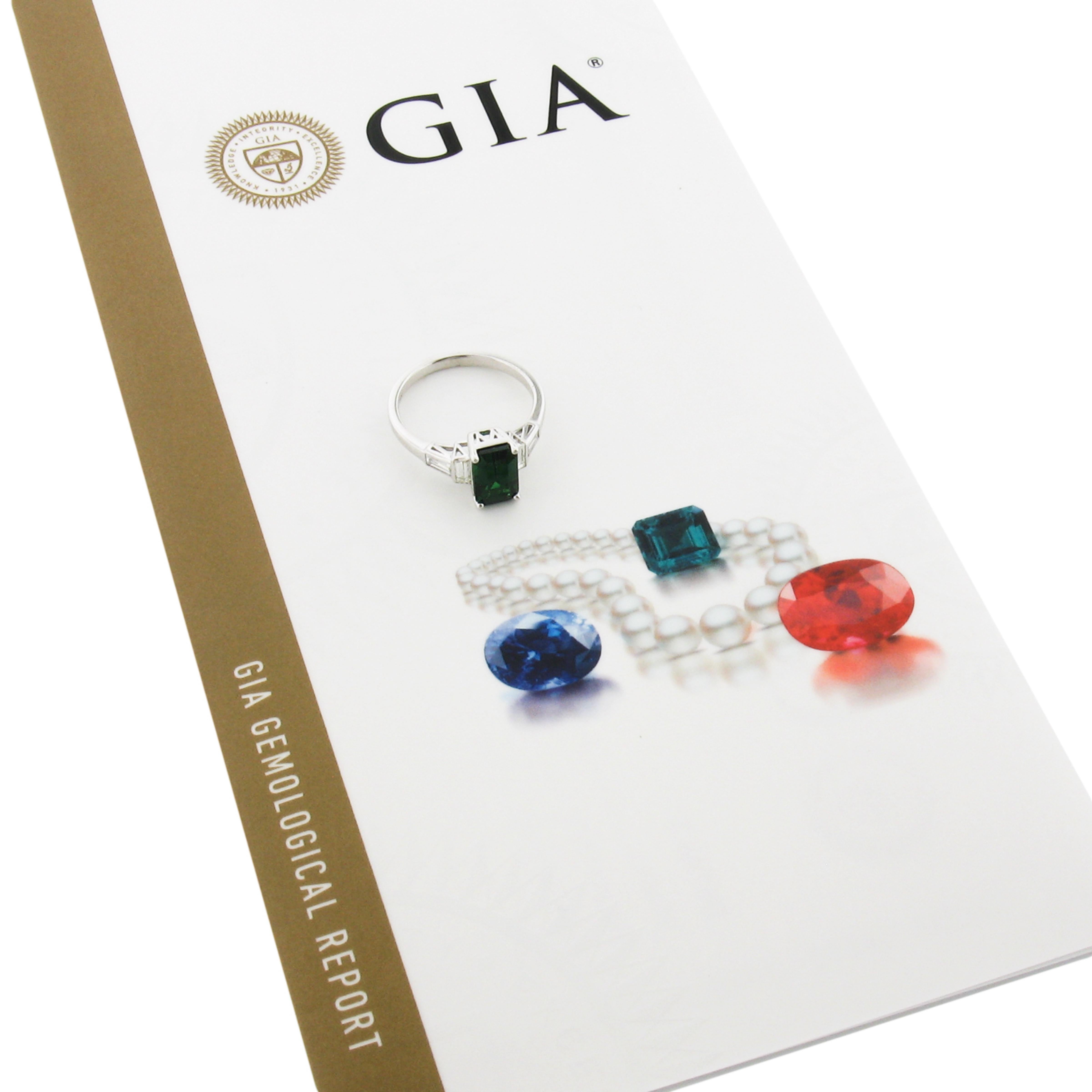 New Platinum 2.45ctw GIA Emerald Cut Tsavorite & Baguette Diamond Accents Ring For Sale 6