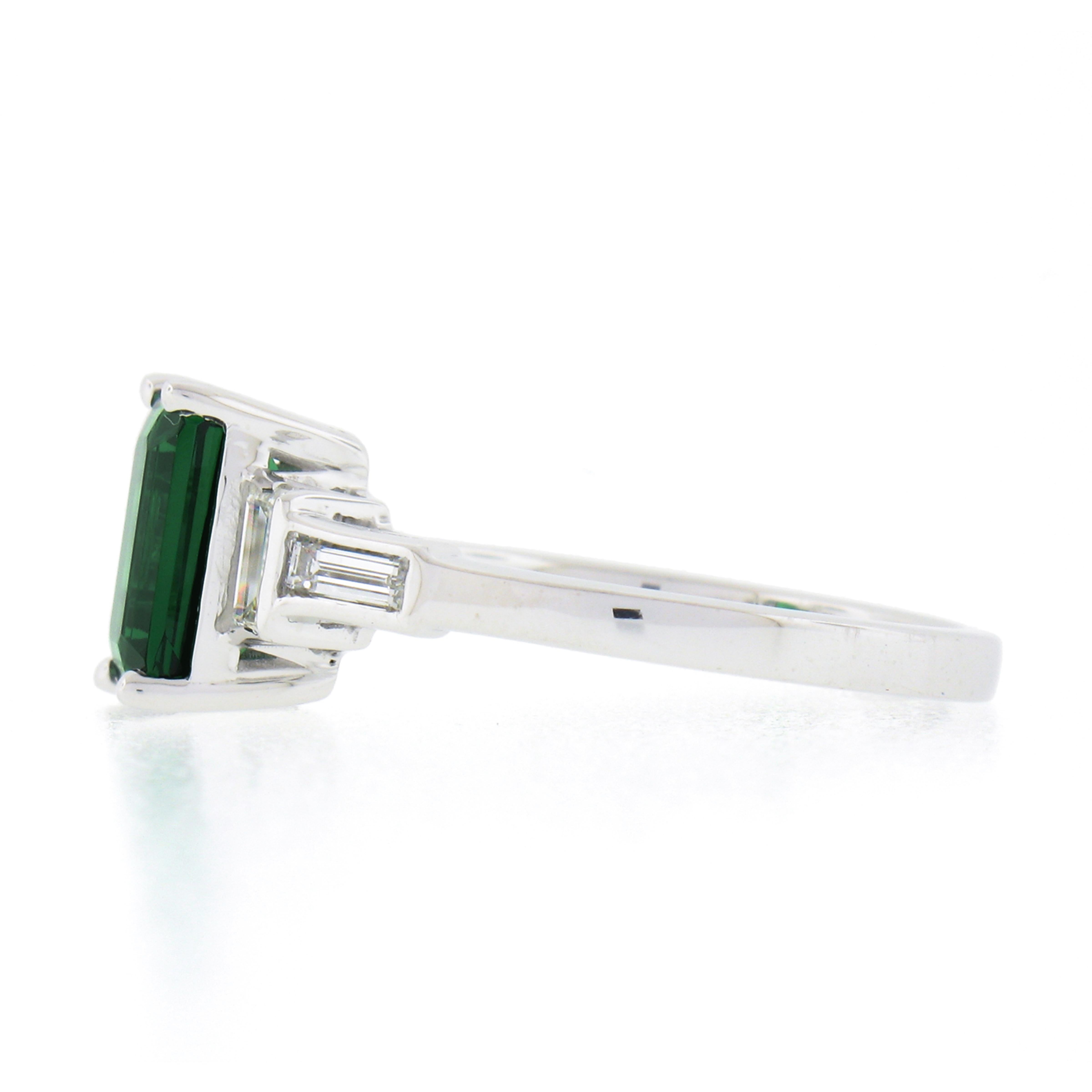 New Platinum 2.45ctw GIA Emerald Cut Tsavorite & Baguette Diamond Accents Ring In New Condition For Sale In Montclair, NJ