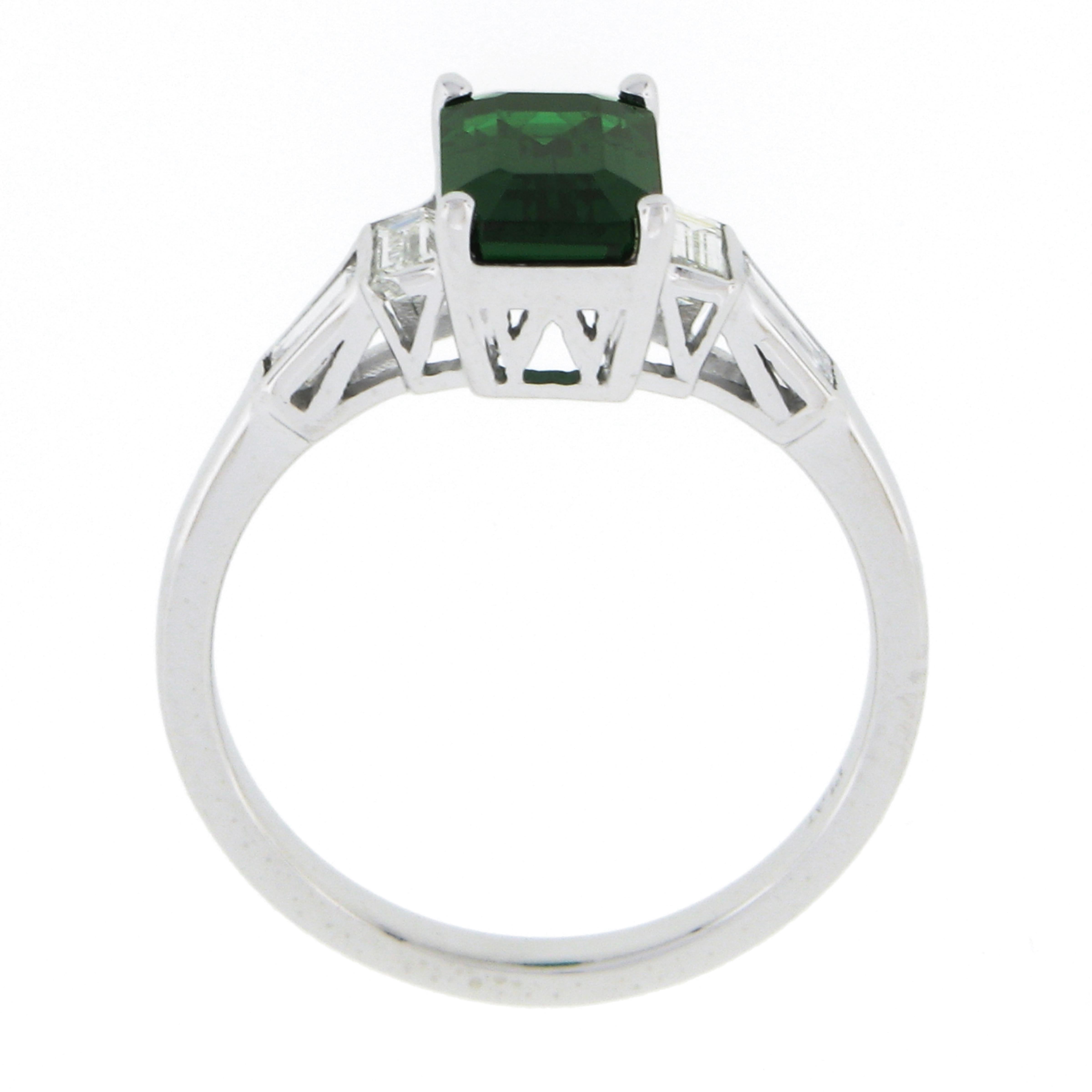 New Platinum 2.45ctw GIA Emerald Cut Tsavorite & Baguette Diamond Accents Ring For Sale 1
