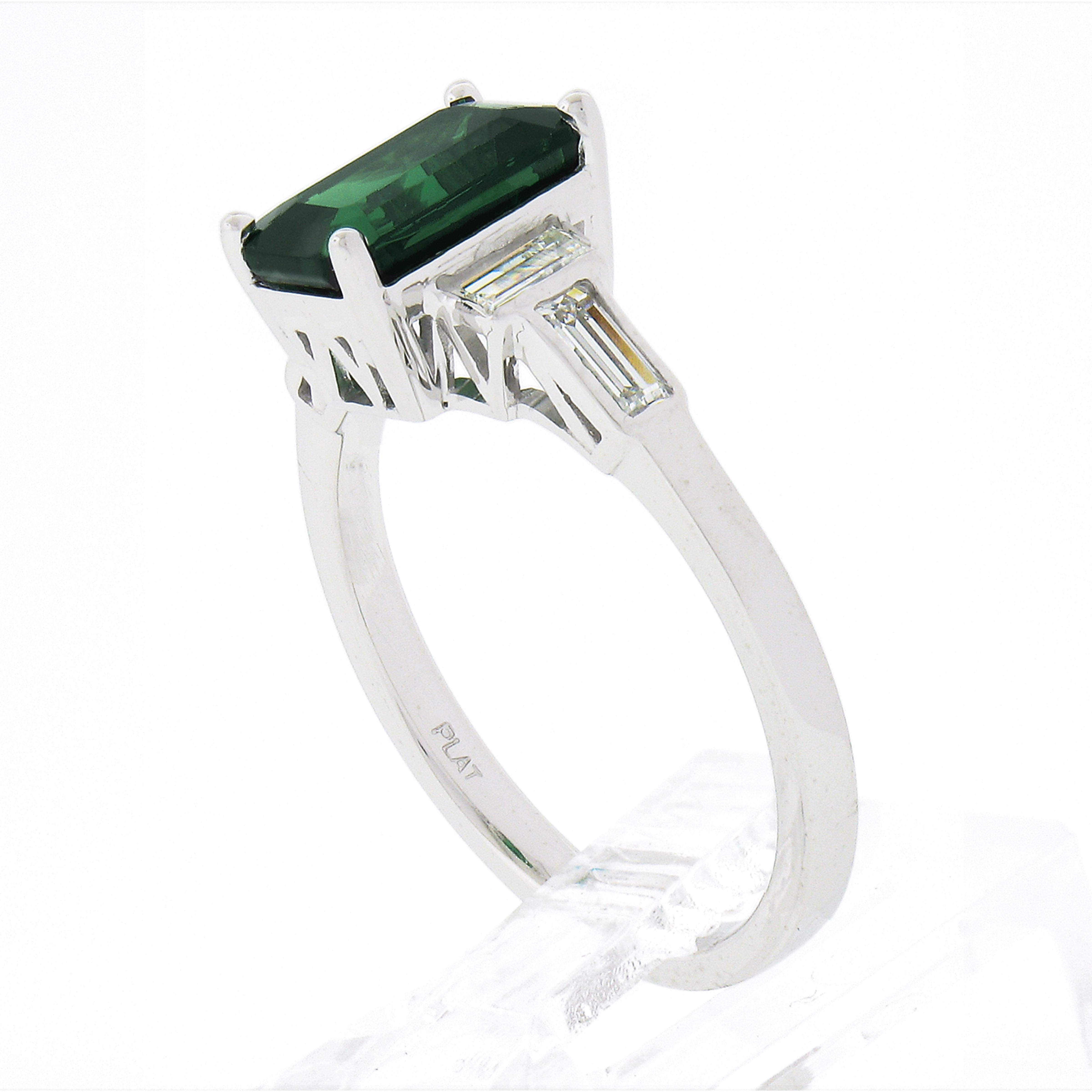 New Platinum 2.45ctw GIA Emerald Cut Tsavorite & Baguette Diamond Accents Ring For Sale 2