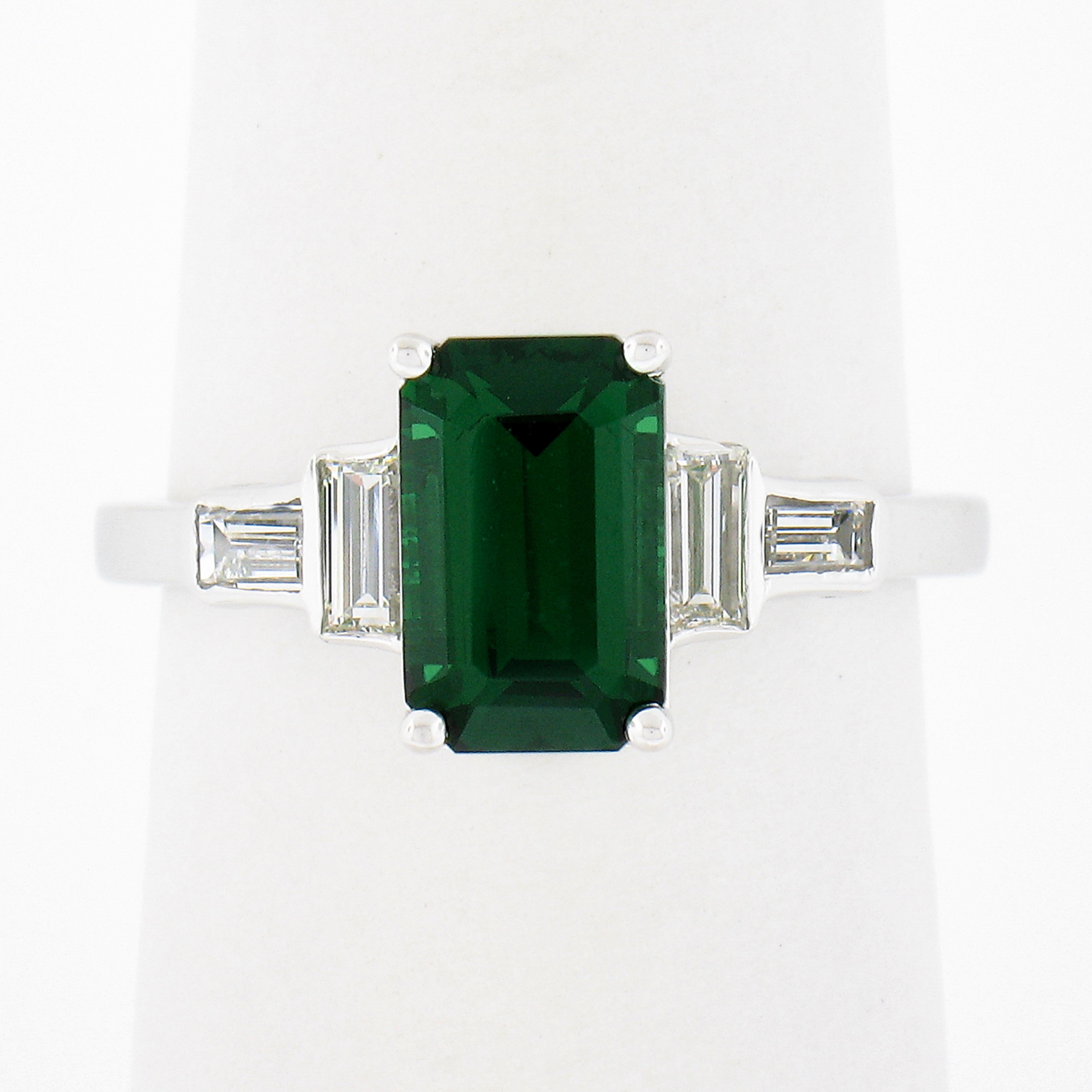 New Platinum 2.45ctw GIA Emerald Cut Tsavorite & Baguette Diamond Accents Ring For Sale 3