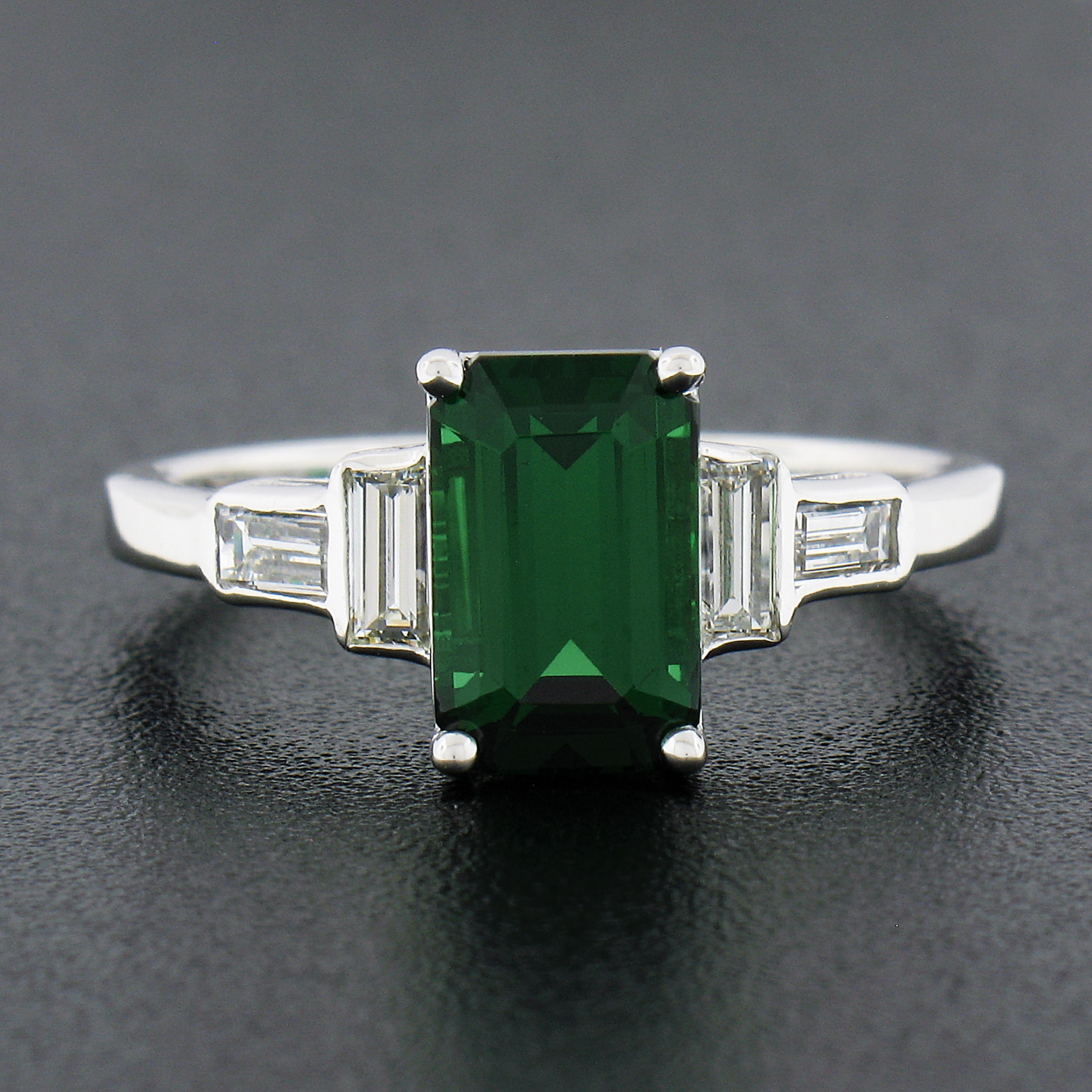 New Platinum 2.45ctw GIA Emerald Cut Tsavorite & Baguette Diamond Accents Ring For Sale 4