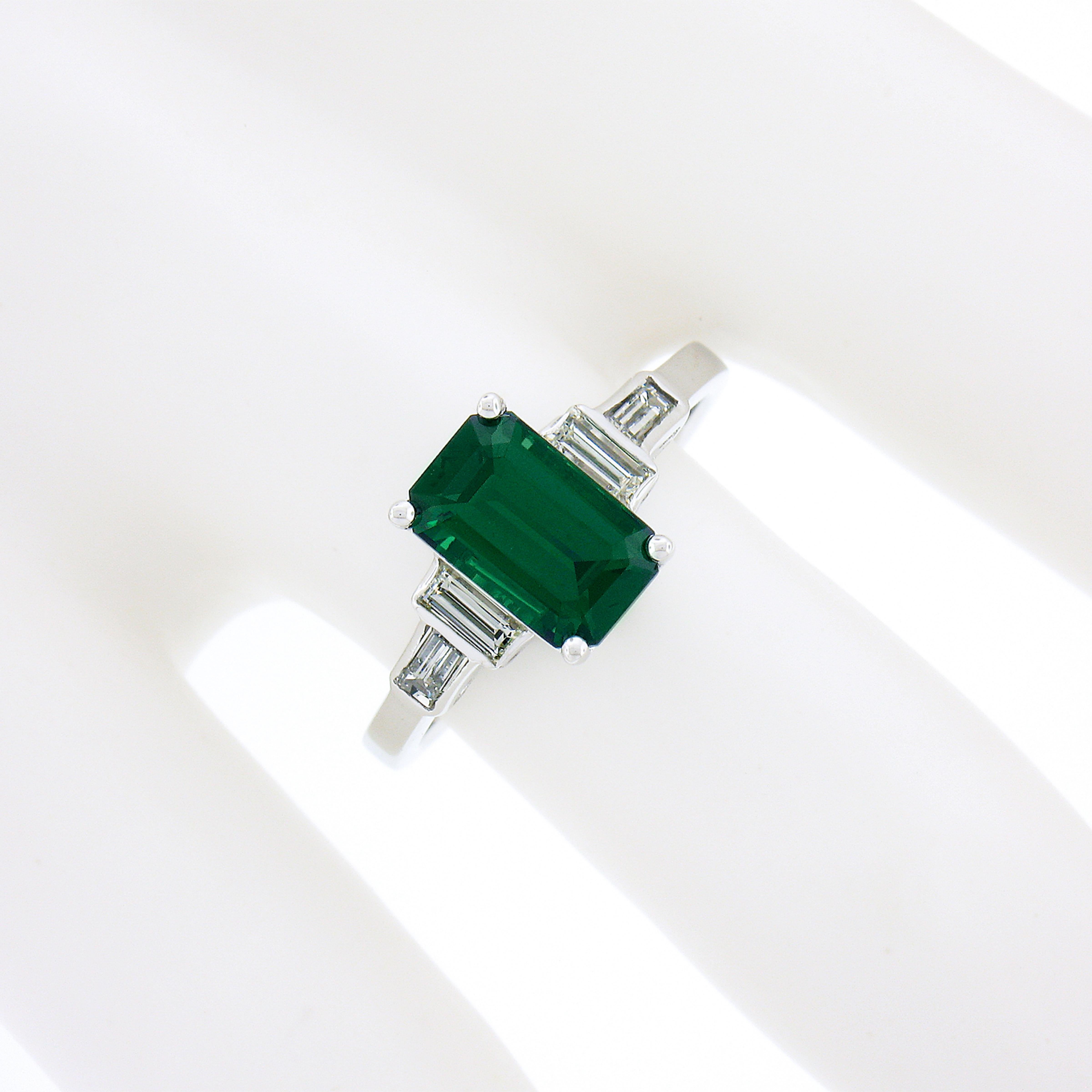 New Platinum 2.45ctw GIA Emerald Cut Tsavorite & Baguette Diamond Accents Ring For Sale 5