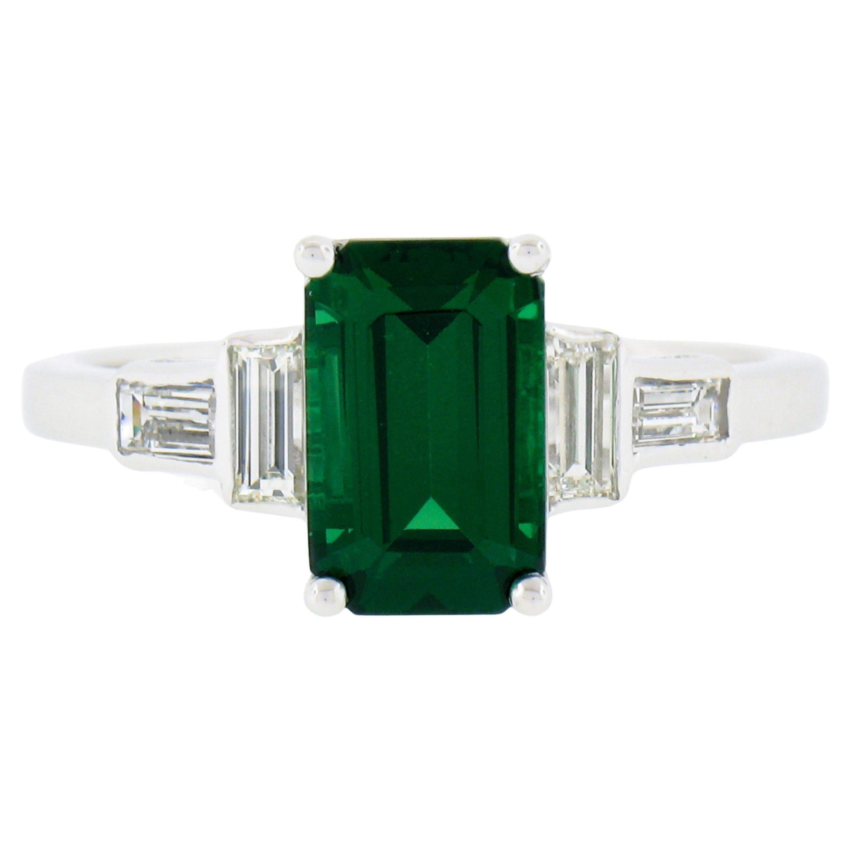 New Platinum 2.45ctw GIA Emerald Cut Tsavorite & Baguette Diamond Accents Ring For Sale
