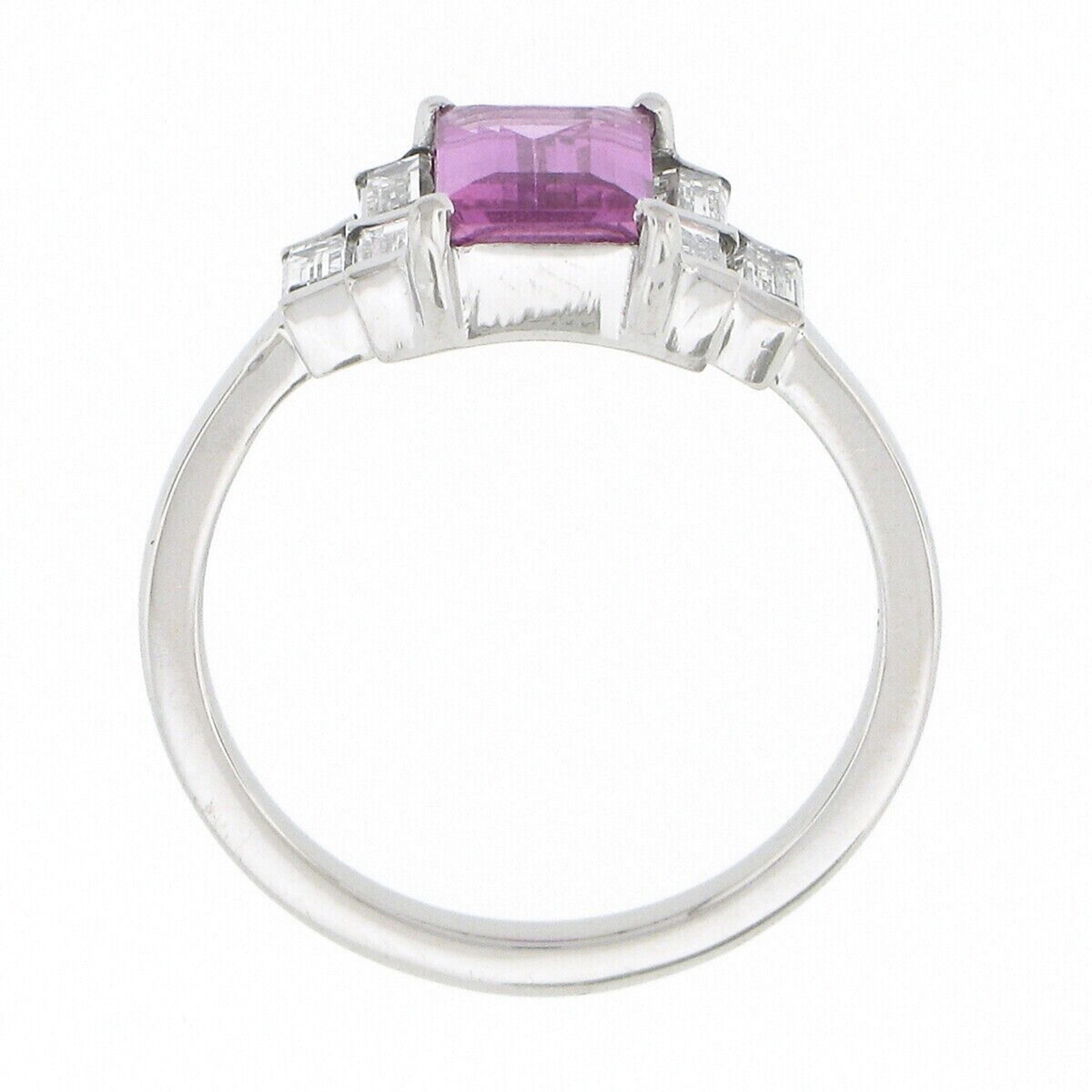 New Platinum 2.76ct GIA Emerald Step Cut Pink Sapphire & Diamond Engagement Ring For Sale 1