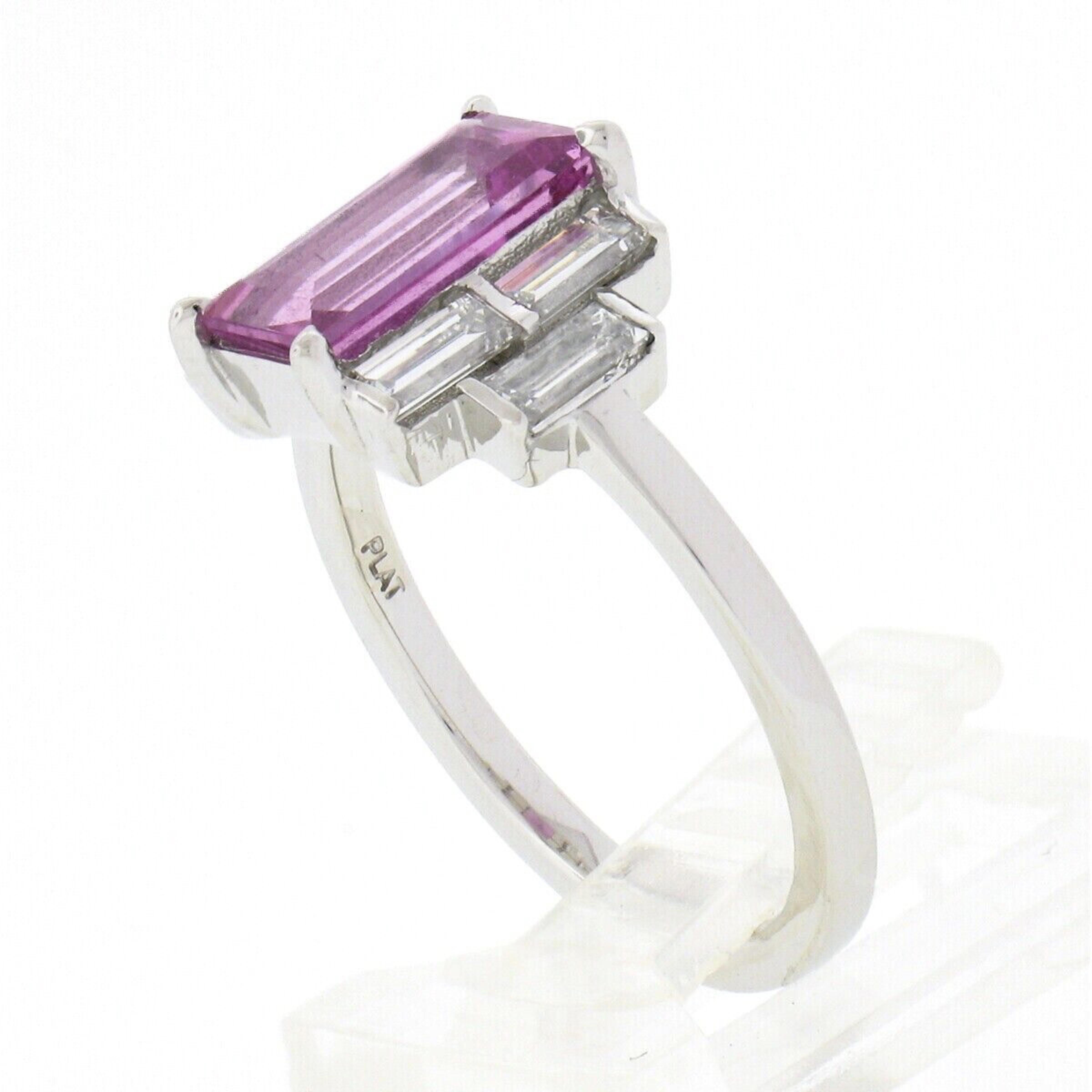 New Platinum 2.76ct GIA Emerald Step Cut Pink Sapphire & Diamond Engagement Ring For Sale 2