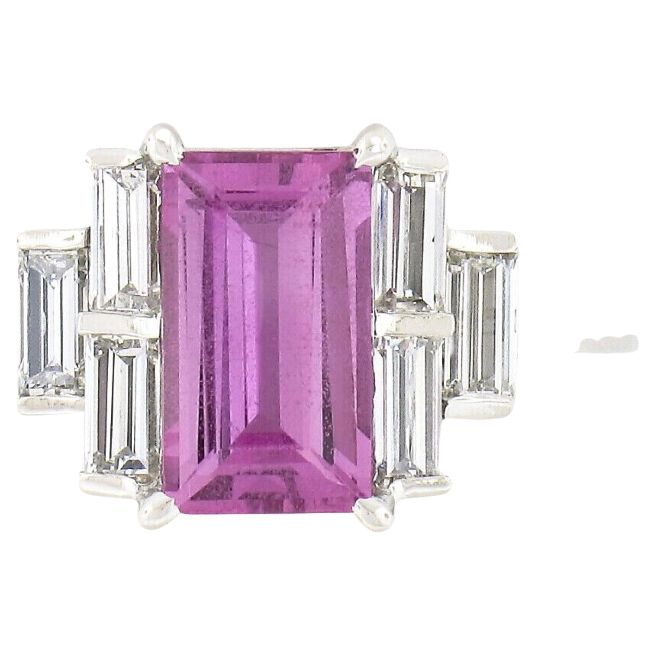New Platinum 2.76ct GIA Emerald Step Cut Pink Sapphire & Diamond Engagement Ring For Sale