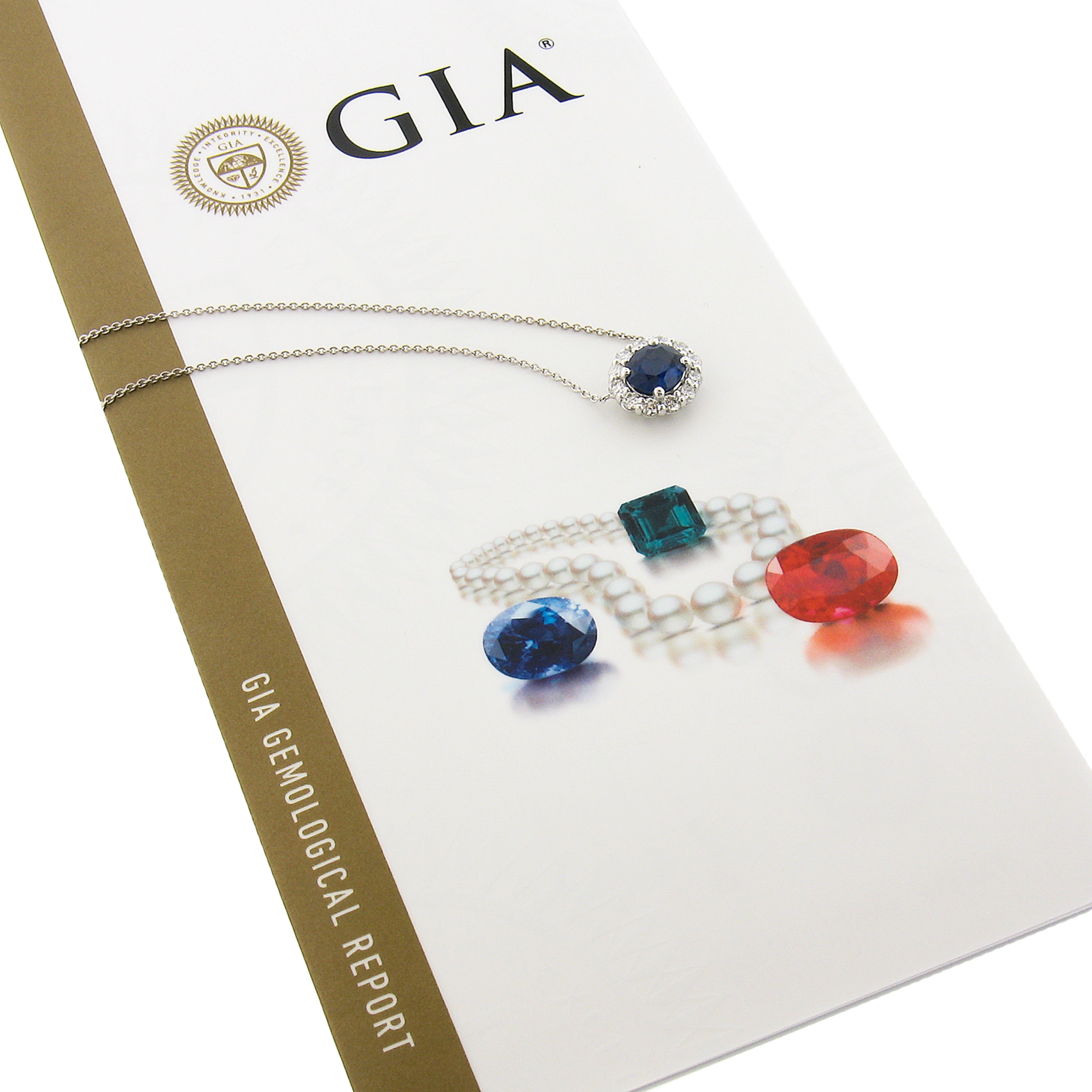 New Platinum 2.77ctw GIA Oval Royal Blue Sapphire Diamond Halo Pendant Necklace For Sale 2