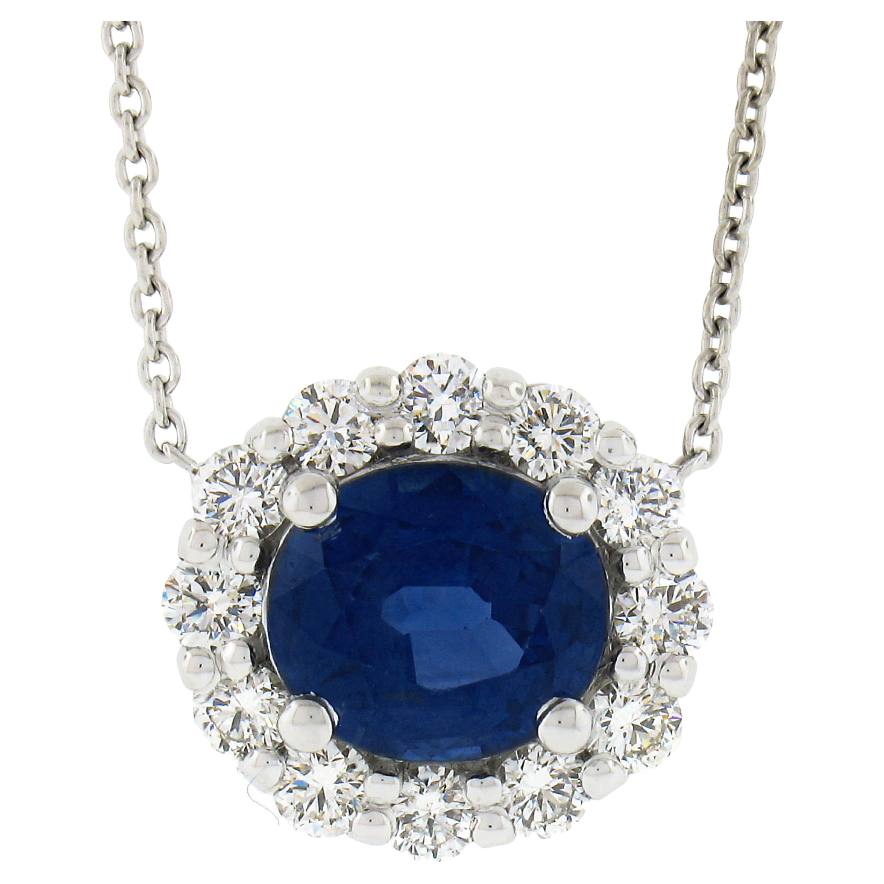 New Platinum 2.77ctw GIA Oval Royal Blue Sapphire Diamond Halo Pendant Necklace For Sale