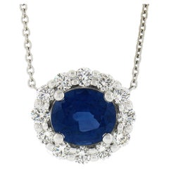 New Platinum 2.77ctw GIA Oval Royal Blue Sapphire Diamond Halo Pendant Necklace