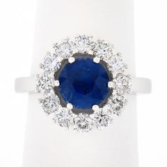New Platinum 3.06ctw GIA Ceylon Round Blue Sapphire Brilliant Diamond Halo Ring