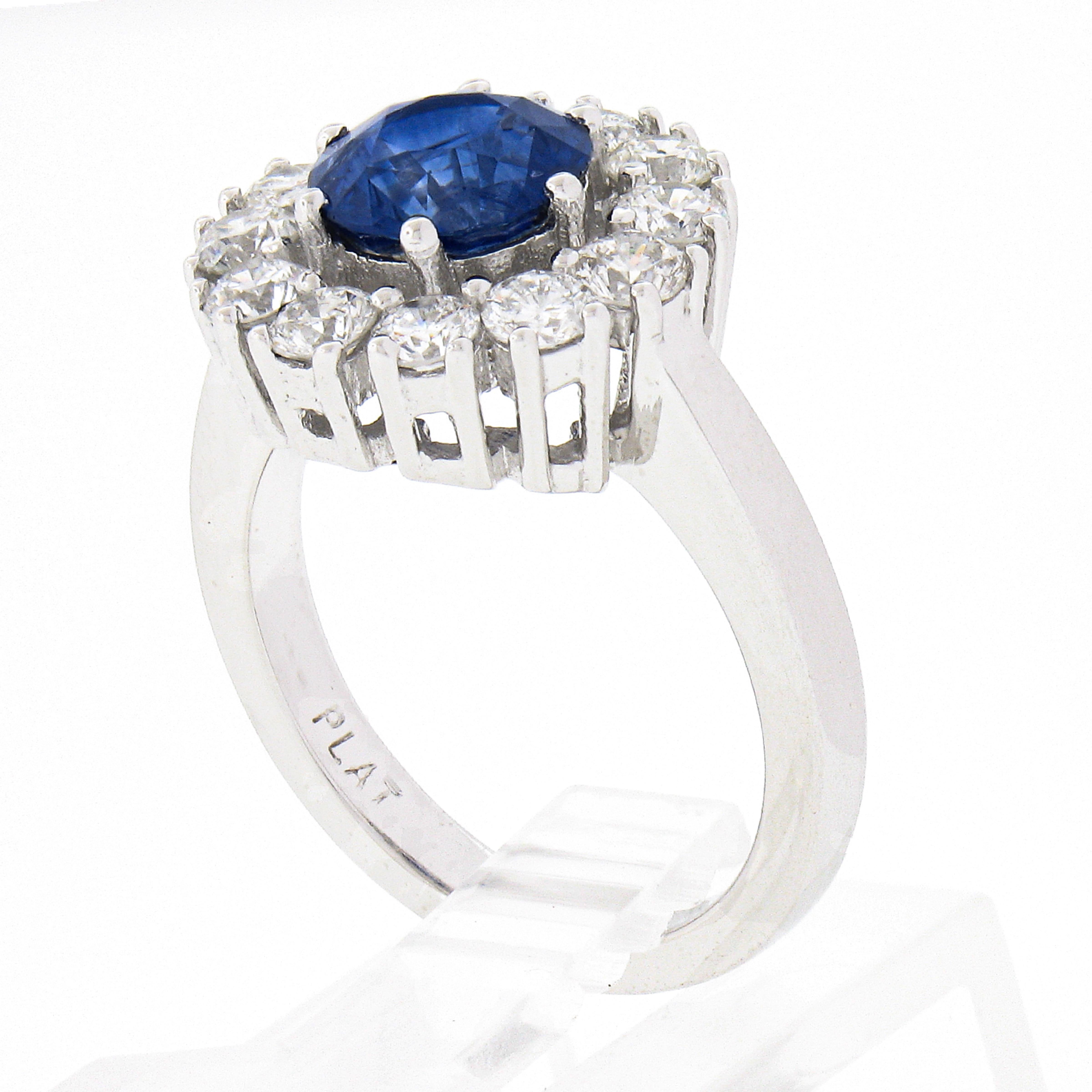 New Platinum 3.06ctw GIA Ceylon Round Blue Sapphire Brilliant Diamond Halo Ring For Sale 4