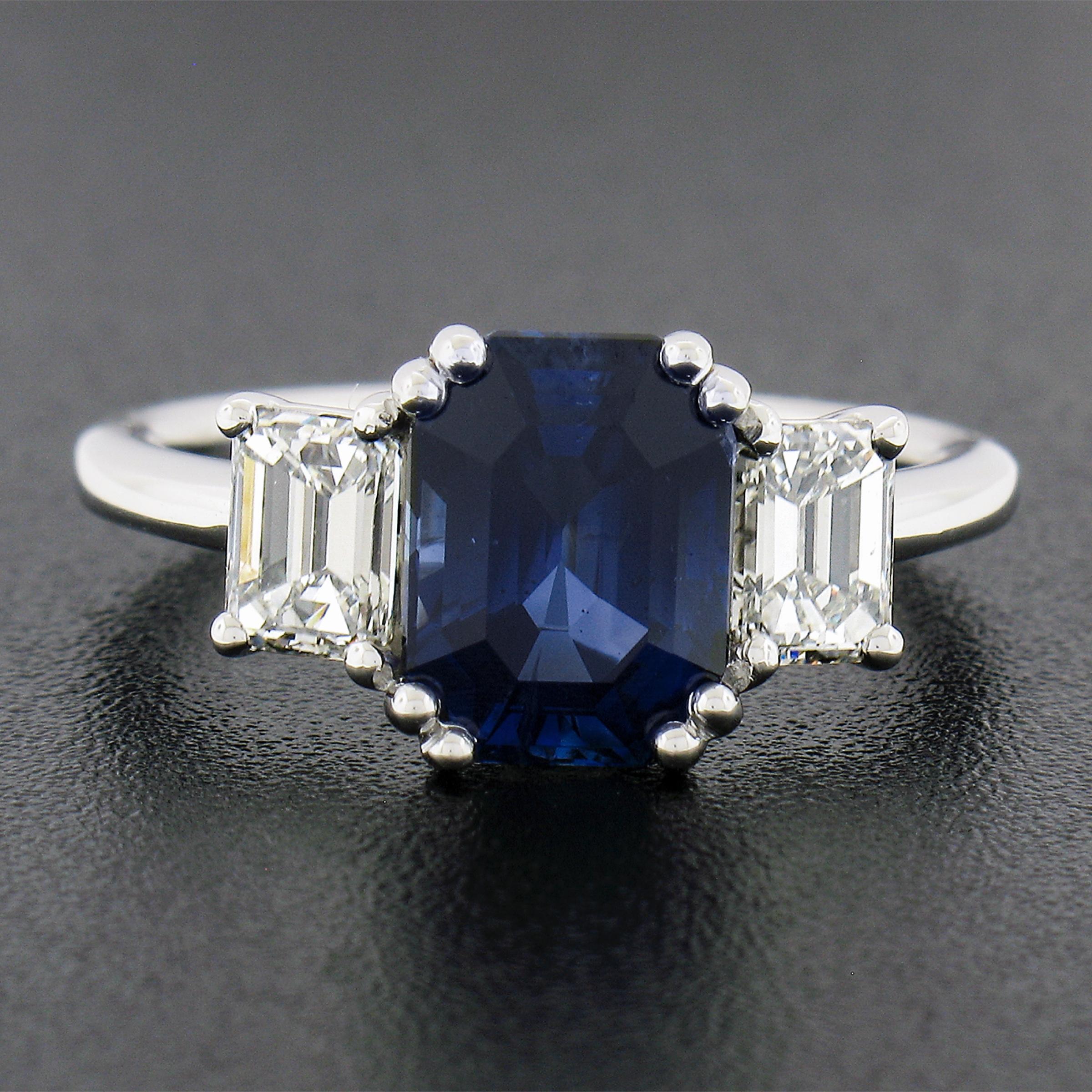 Octagon Cut New Platinum 3.62ctw Gubelin Sapphire & GIA Diamond Engagement Three Stones Ring For Sale