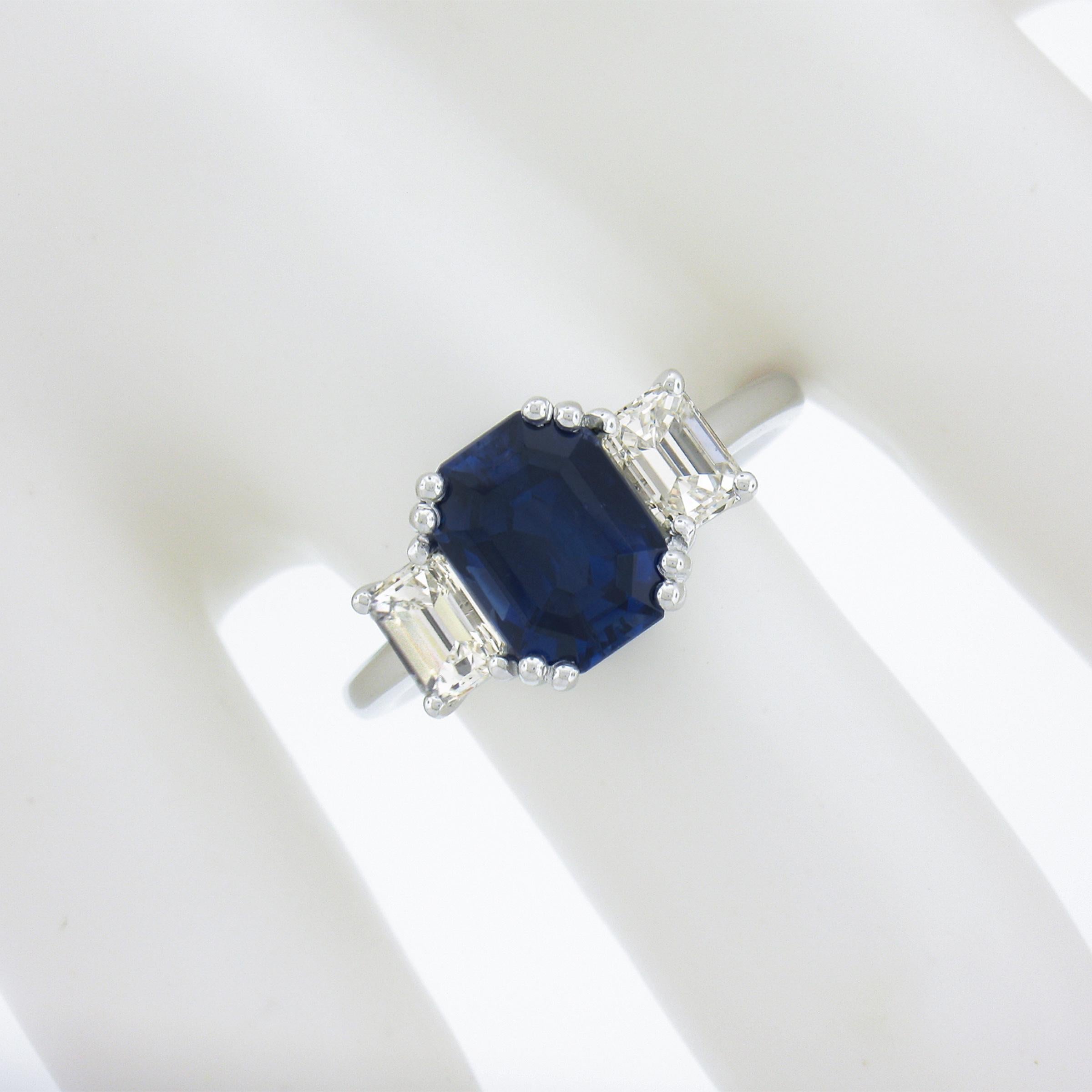 New Platinum 3.62ctw Gubelin Sapphire & GIA Diamond Engagement Three Stones Ring In New Condition For Sale In Montclair, NJ