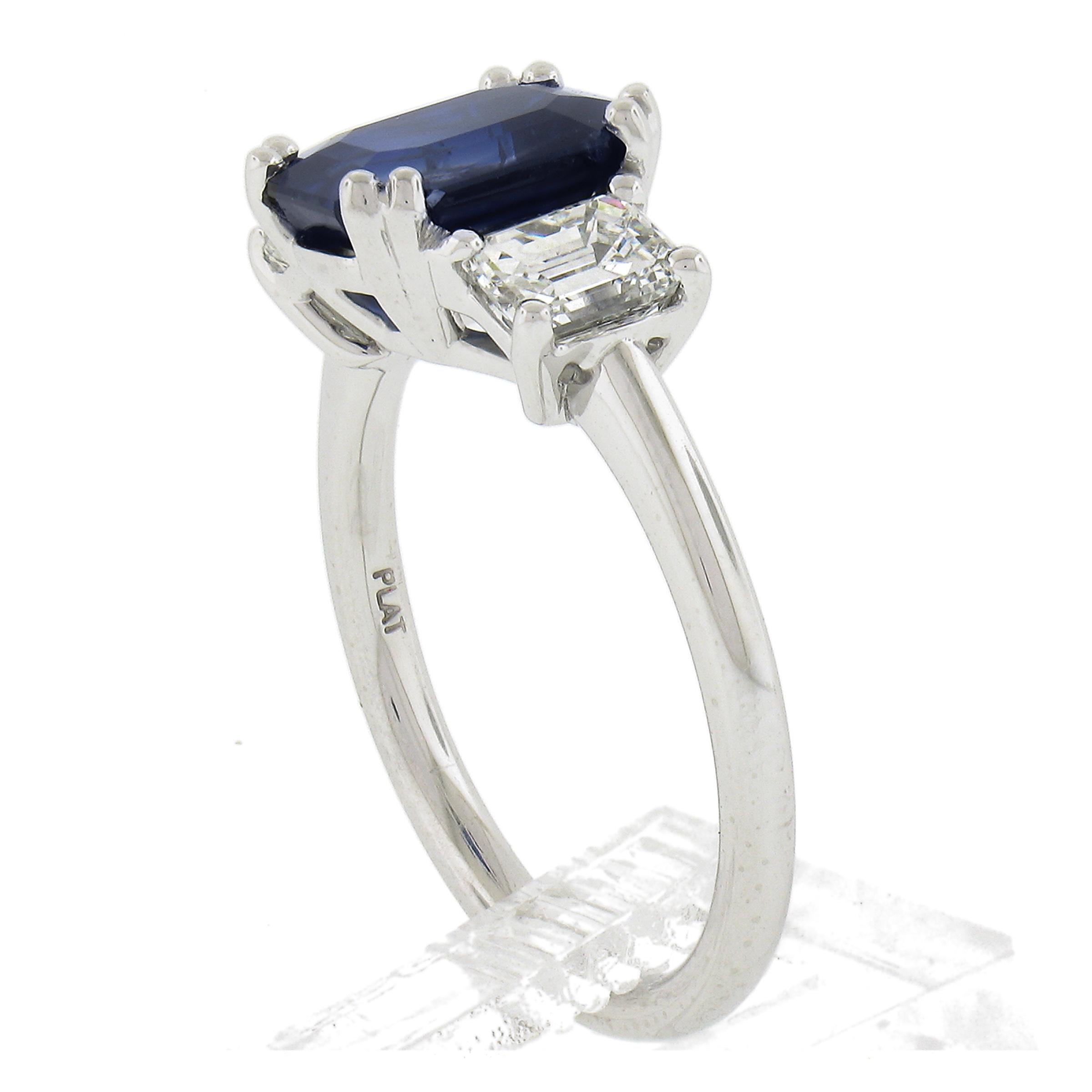 New Platinum 3.62ctw Gubelin Sapphire & GIA Diamond Engagement Three Stones Ring For Sale 3