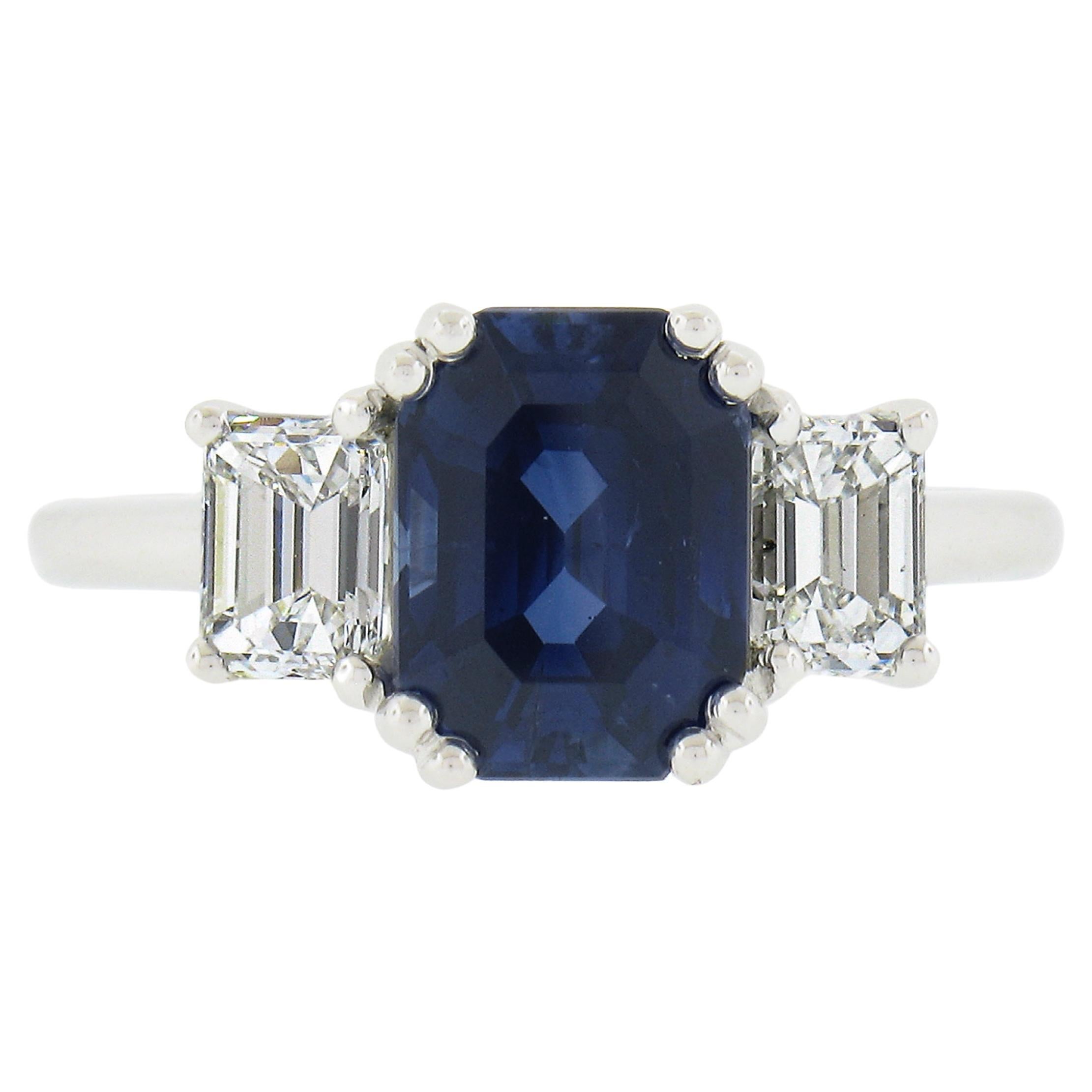 New Platinum 3.62ctw Gubelin Sapphire & GIA Diamond Engagement Three Stones Ring For Sale